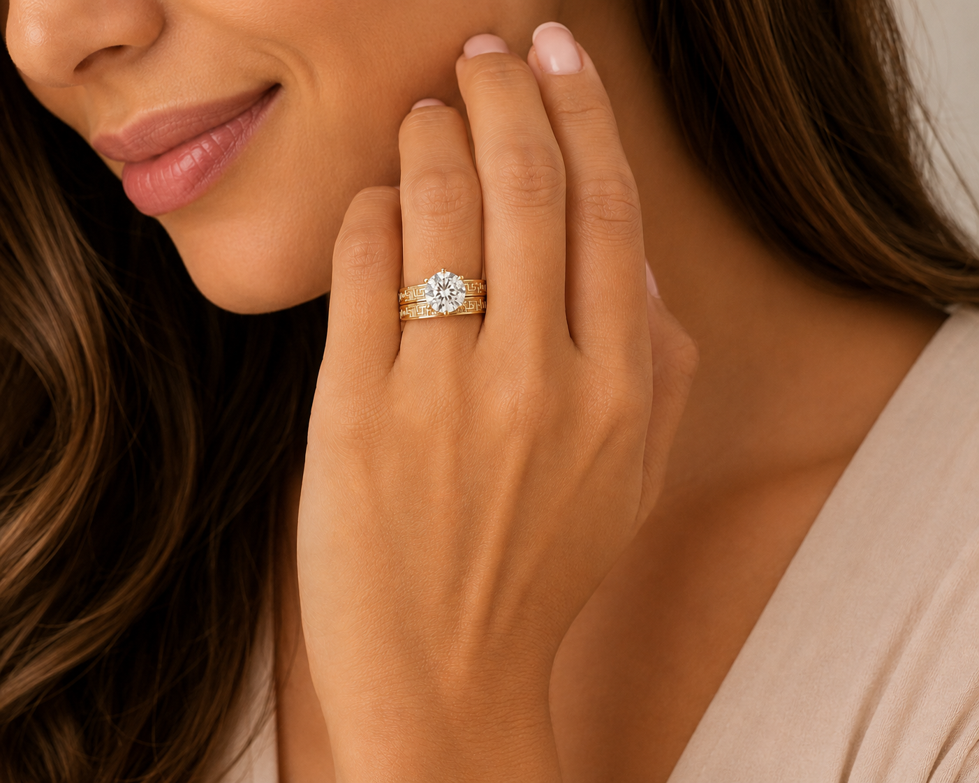 Greek pattern engagement ring set with 1.21 CT D VS1 lab diamond