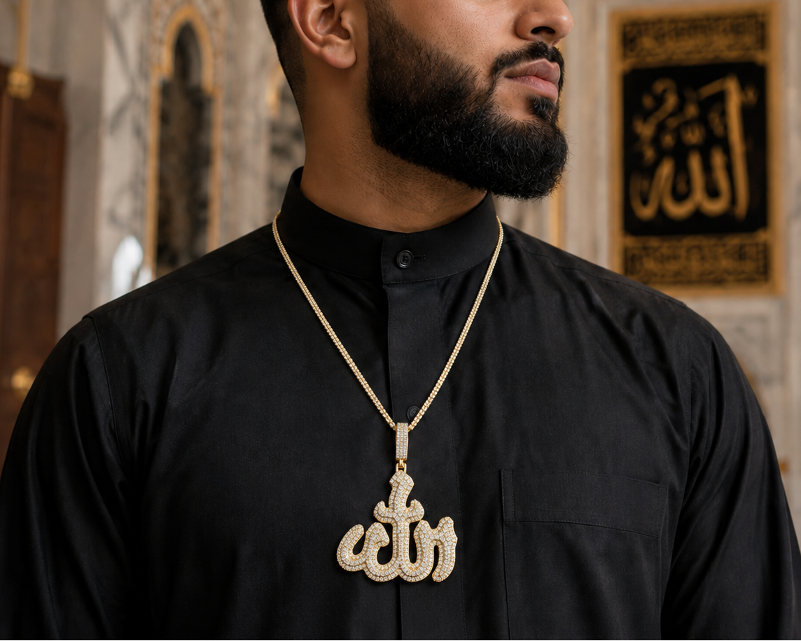 VVS moissanite Allah pendant designed for maximum brilliance and presence 46x50mm