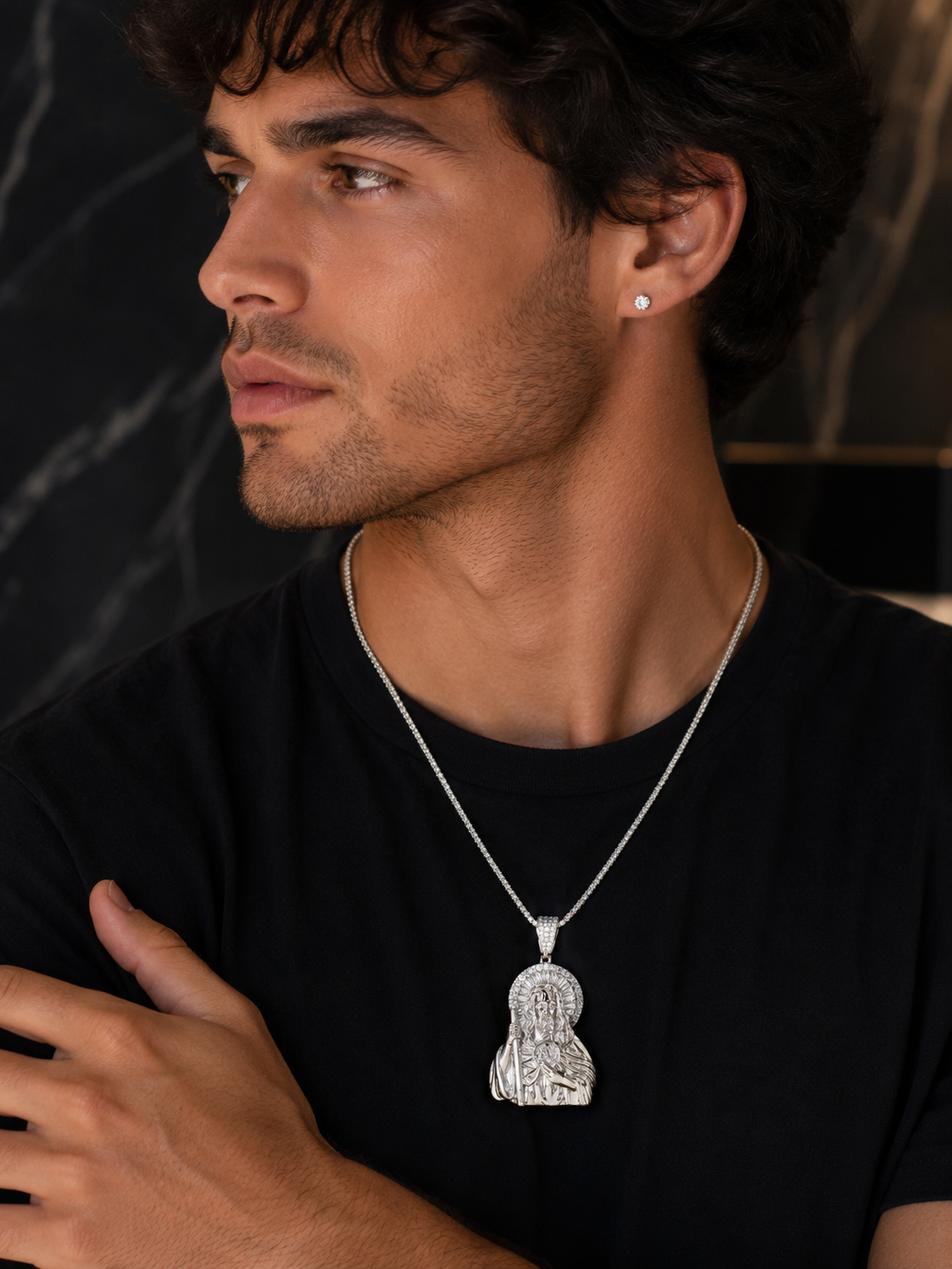 Sacred Heart of Jesus pendant in sterling silver with VVS moissanite baguette halo.