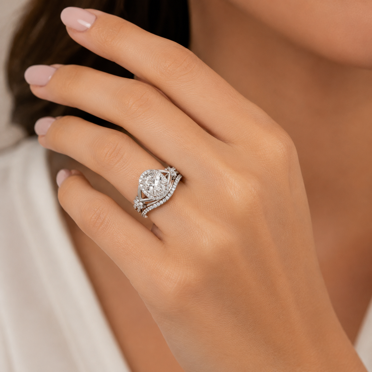 925 sterling silver oval moissanite wedding set with halo split band and matching wedding band
