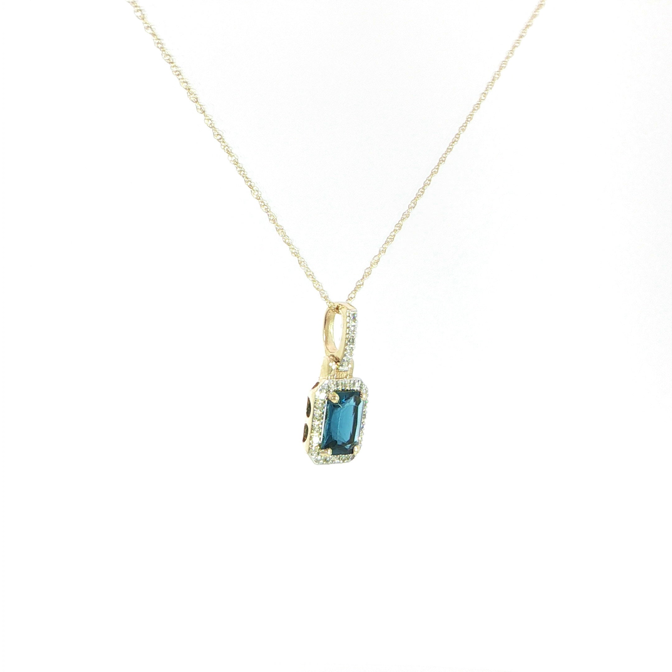 14K Yellow Gold Natural Blue Topaz &amp; Diamond Pendant with Chain