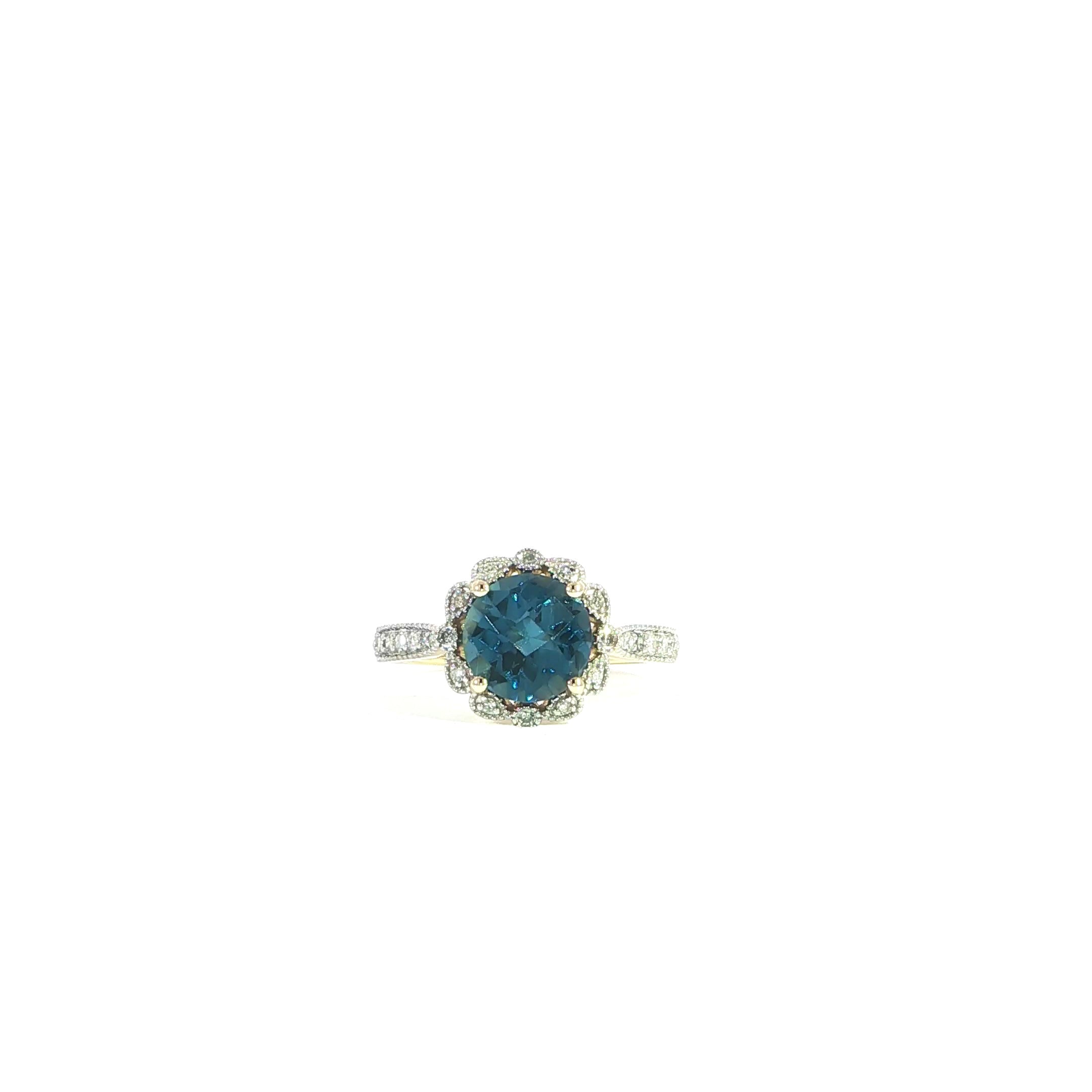 14K Yellow Gold Natural London Blue Topaz &amp; Diamond Ring