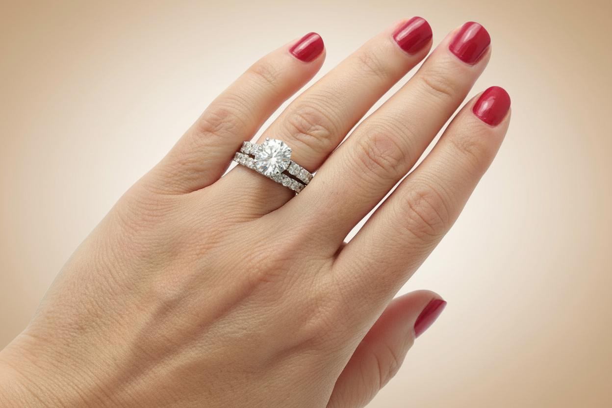 Classic round engagement ring set on model