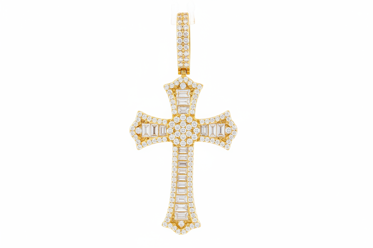 Sterling Silver Baguette Cross Pendant – VVS Moissanite 3 CTW