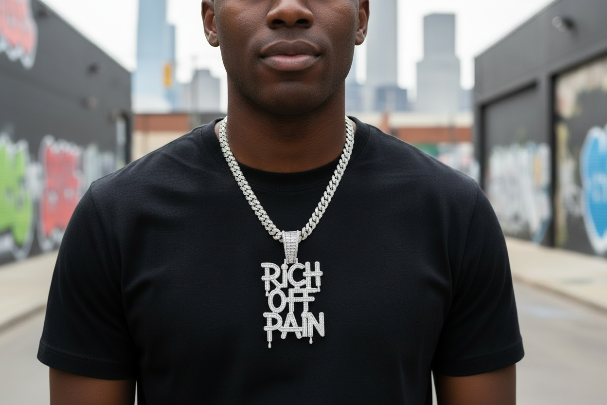 Sterling Silver Iced Out "RICH OFF PAIN" Pendant – VVS Moissanite 11 CTW