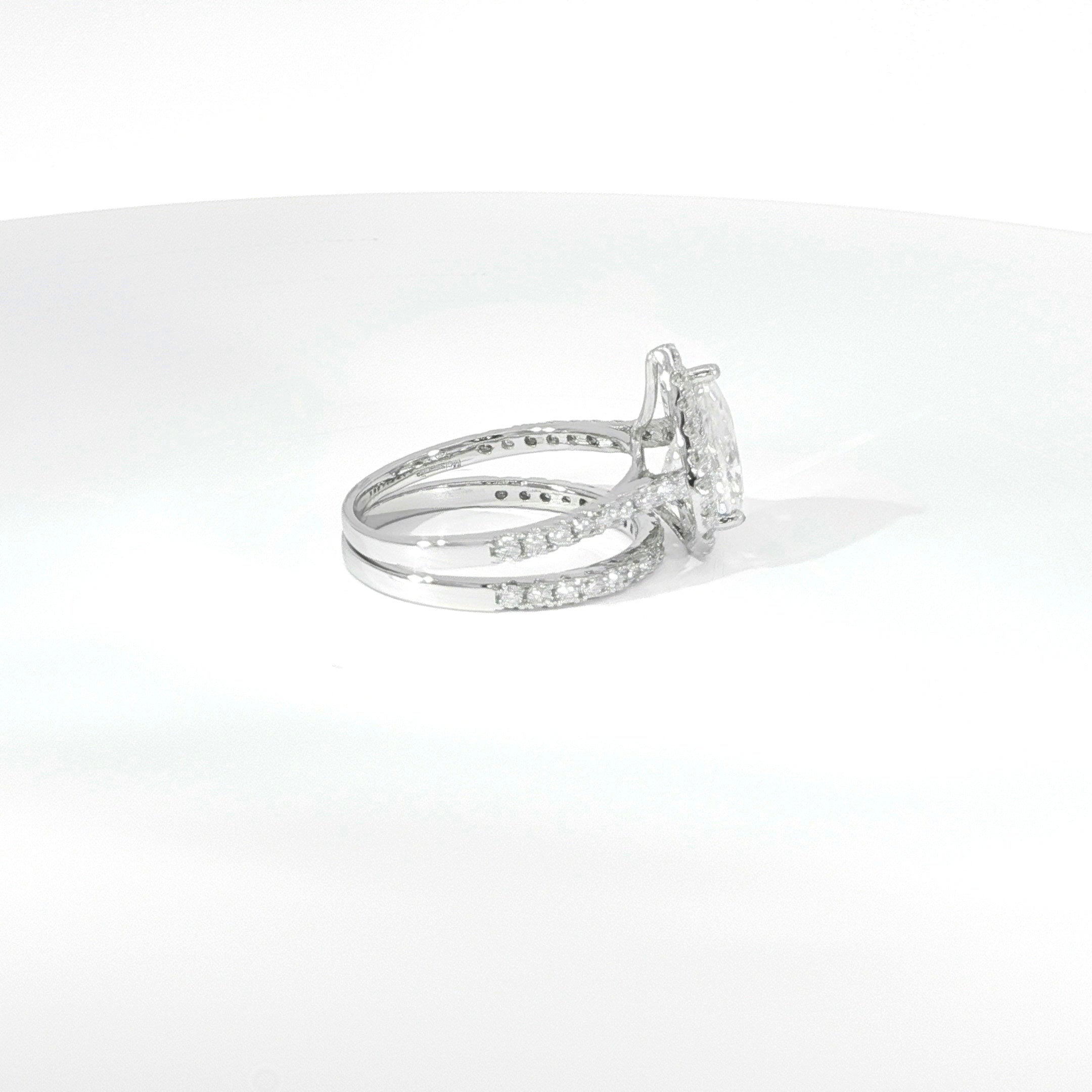 925 Sterling Silver VVS Moissanite Pear Halo engagement Ring Set – 2.85ctw