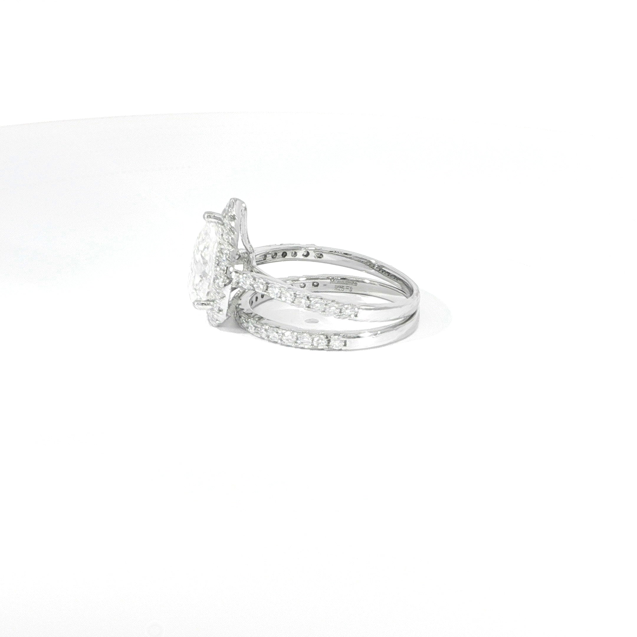 925 Sterling Silver VVS Moissanite Pear Halo engagement Ring Set – 2.85ctw