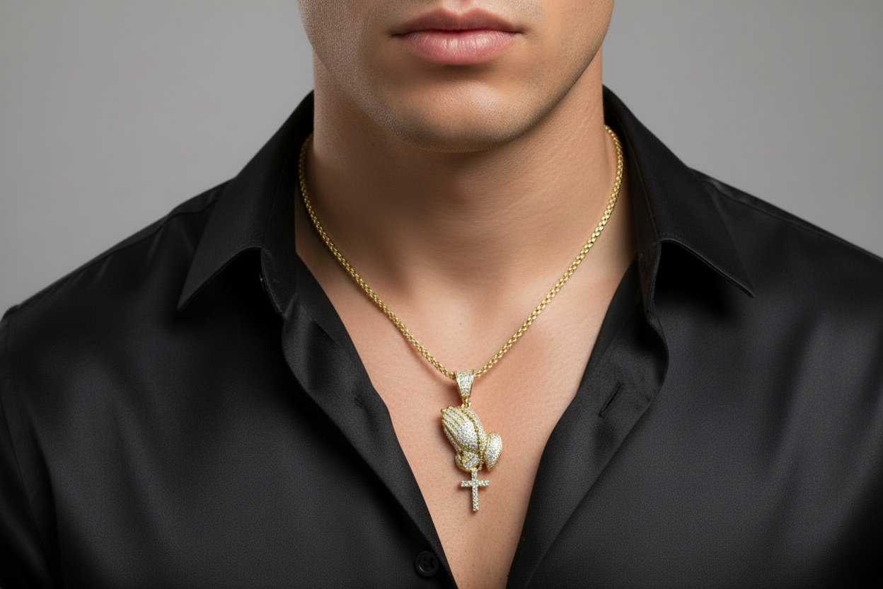 Sterling Silver Iced Praying Hands With Rosary Pendant – VVS Moissanite 3.4 CTW