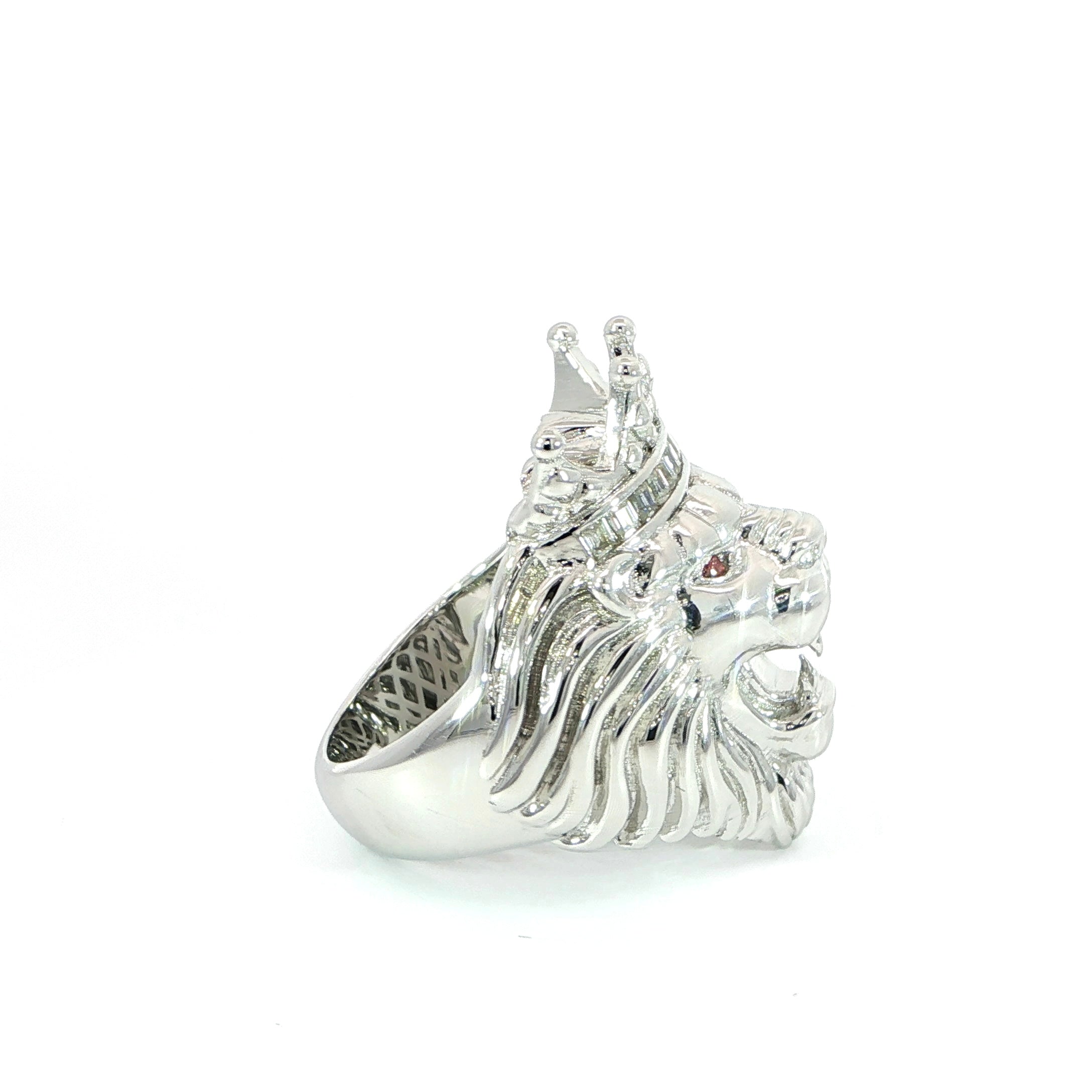 Sterling Silver Lion Head Ring with Crown, VVS Moissanite Stones, Two Color Options, 0.48 Total Carats
