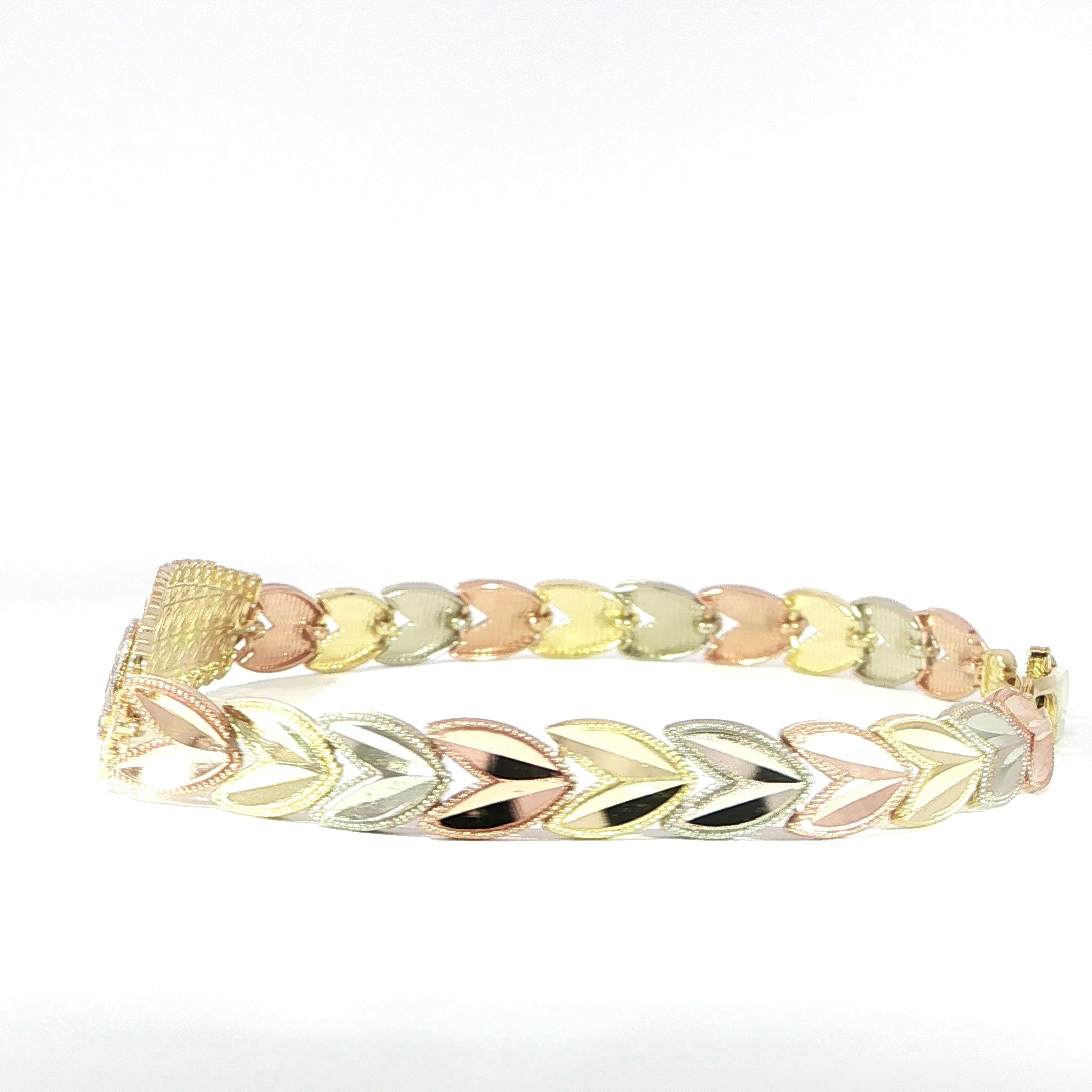 Leaf motif tri-color gold bracelet with polished ID bar