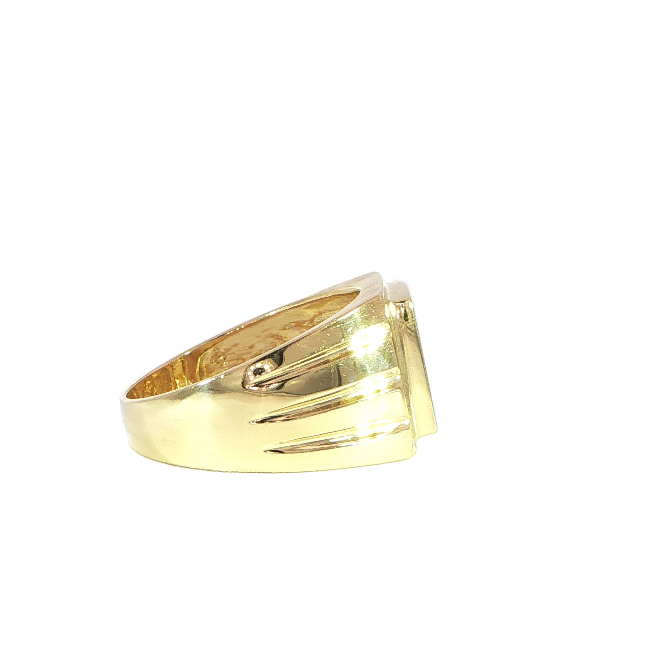 Solid yellow gold signet ring with grooved side details