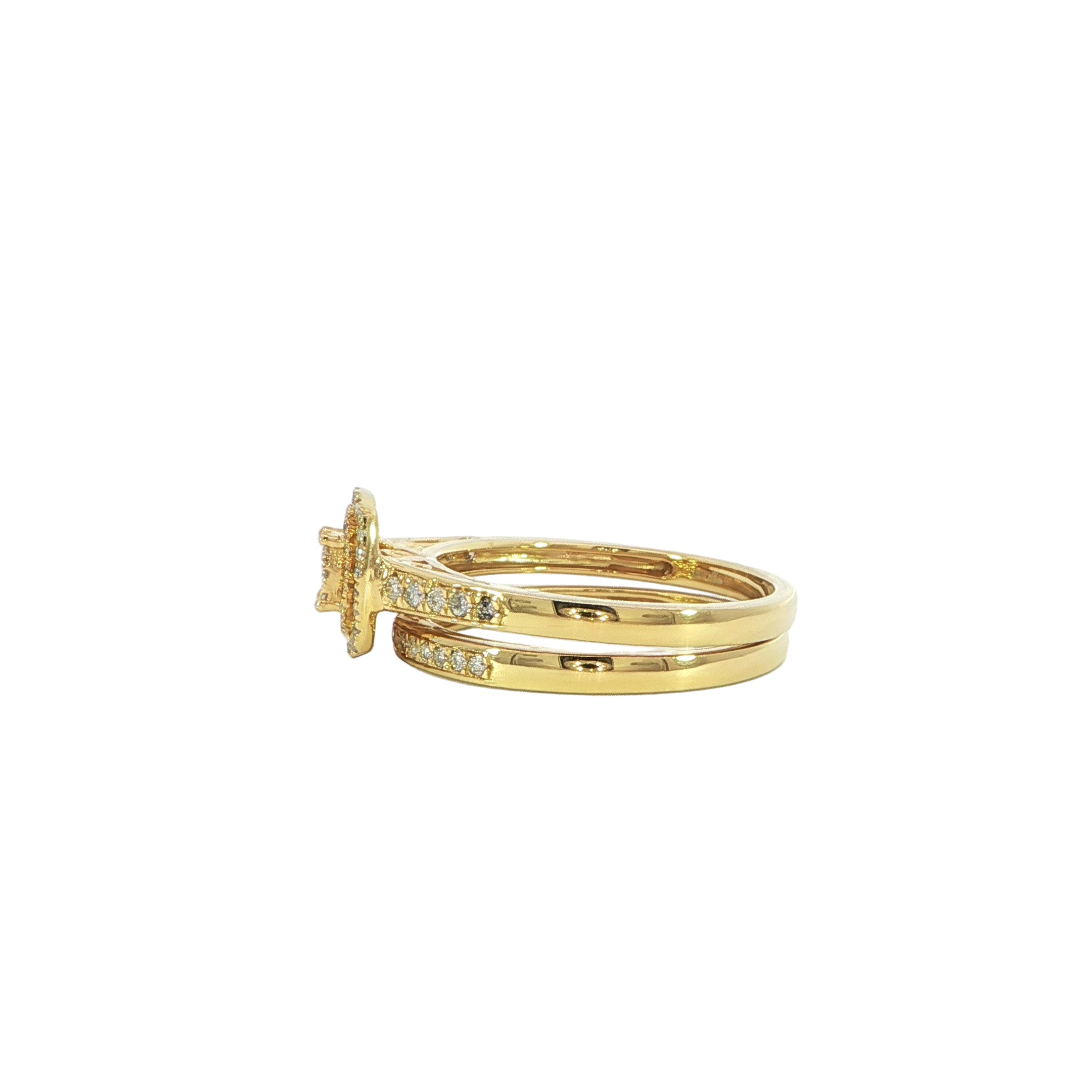 Side double halo diamond ring yellow gold