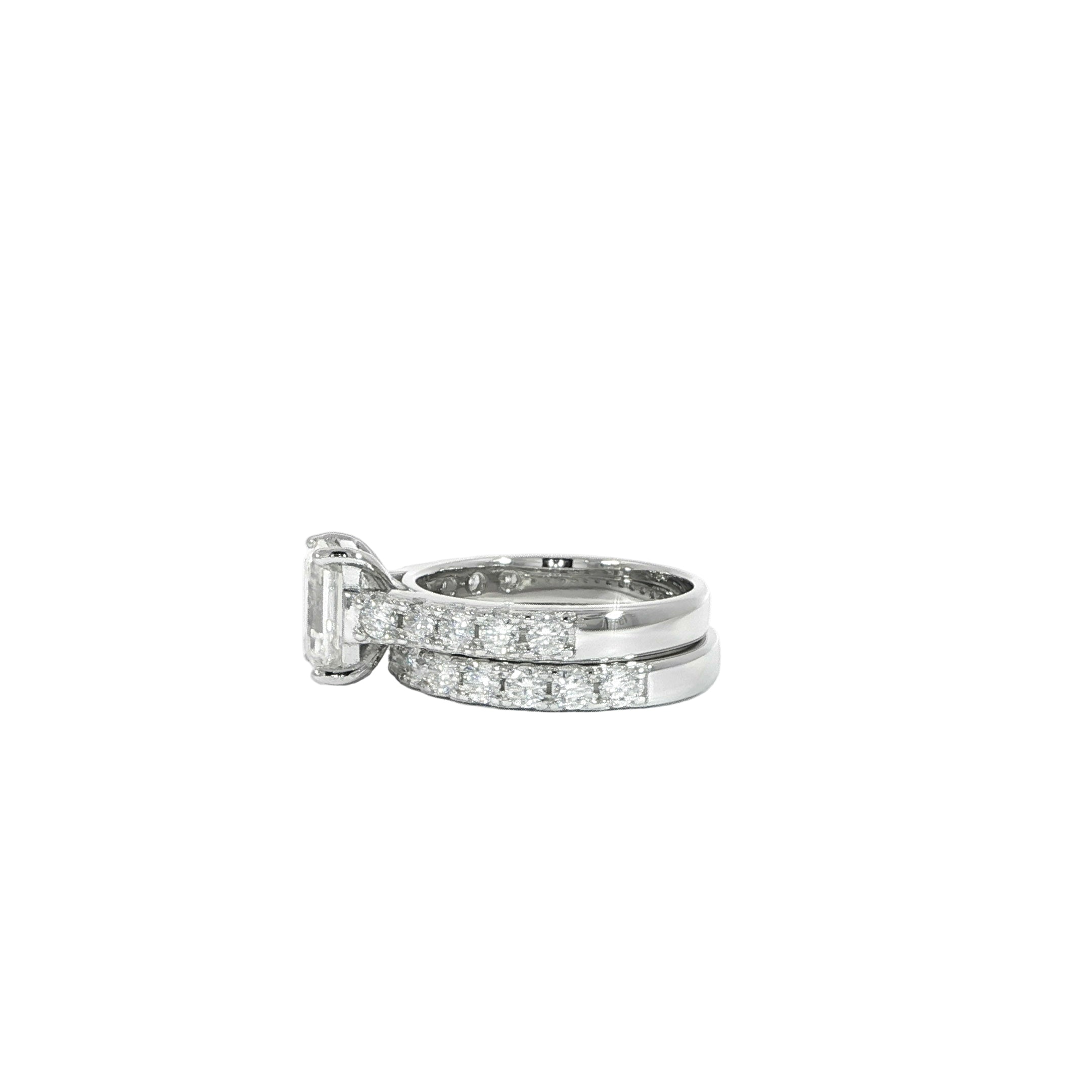 Emerald cut engagement ring with matching band side profile