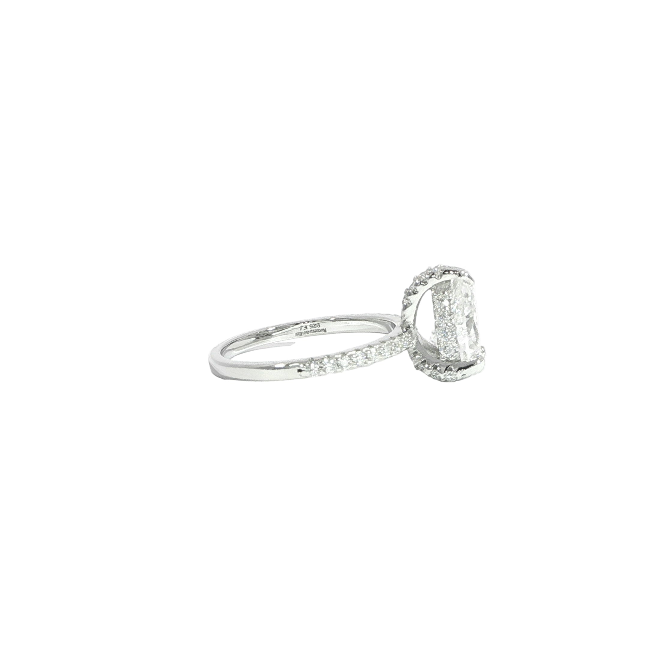 Pear-shaped moissanite solitaire ring with pave band and hidden halo