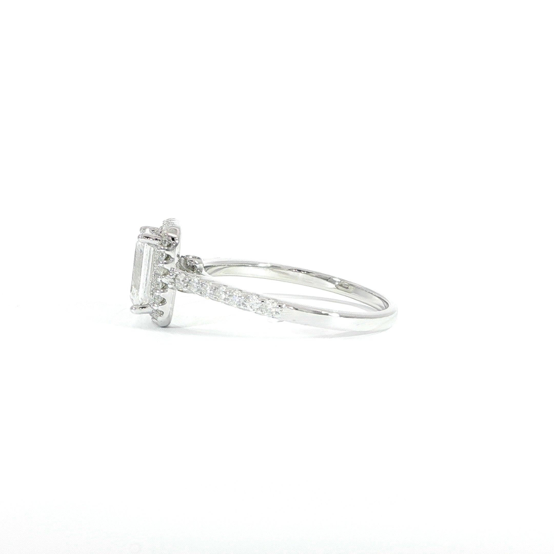 Side detail silver emerald cut ring