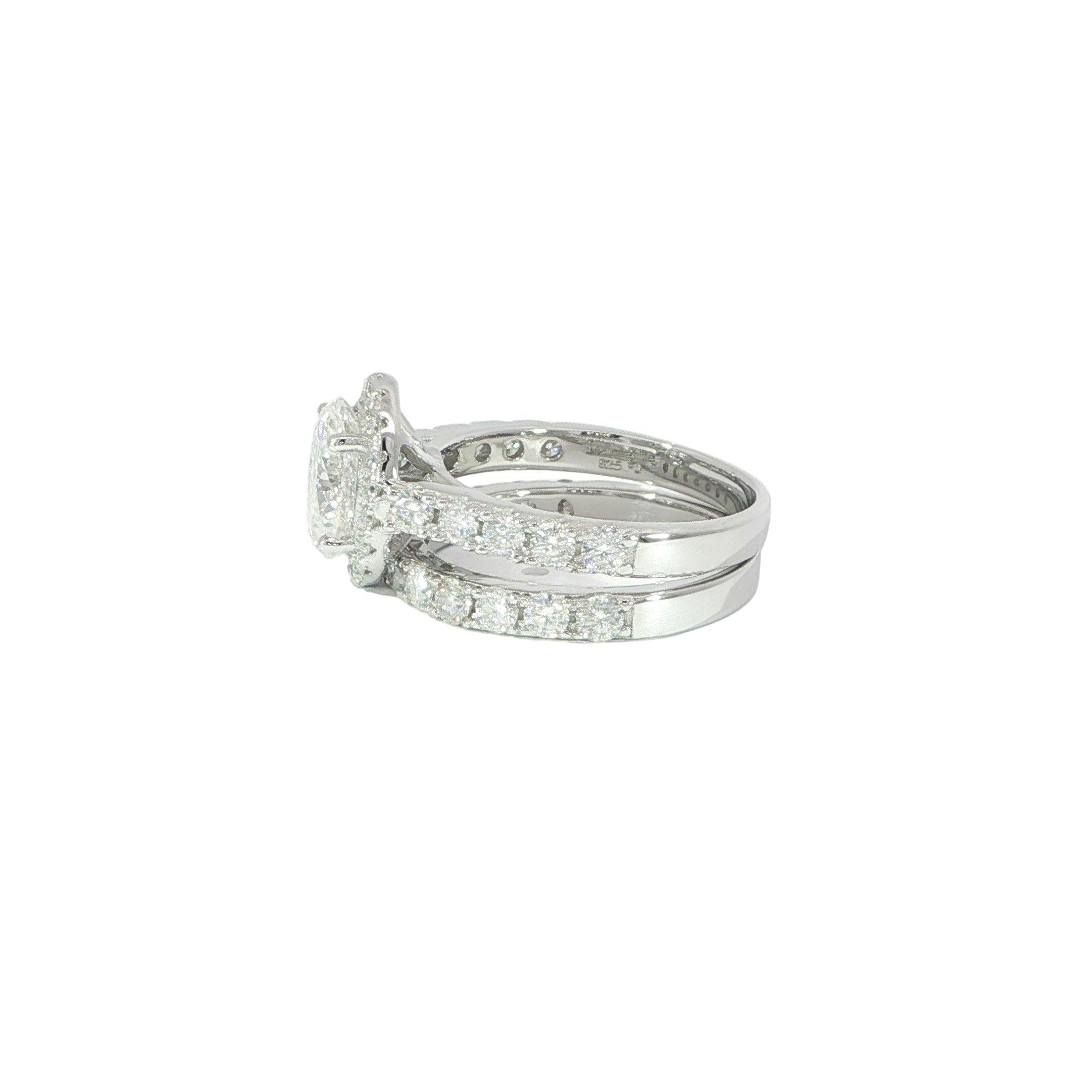 Side of oval halo engagement ring set with VVS moissanite