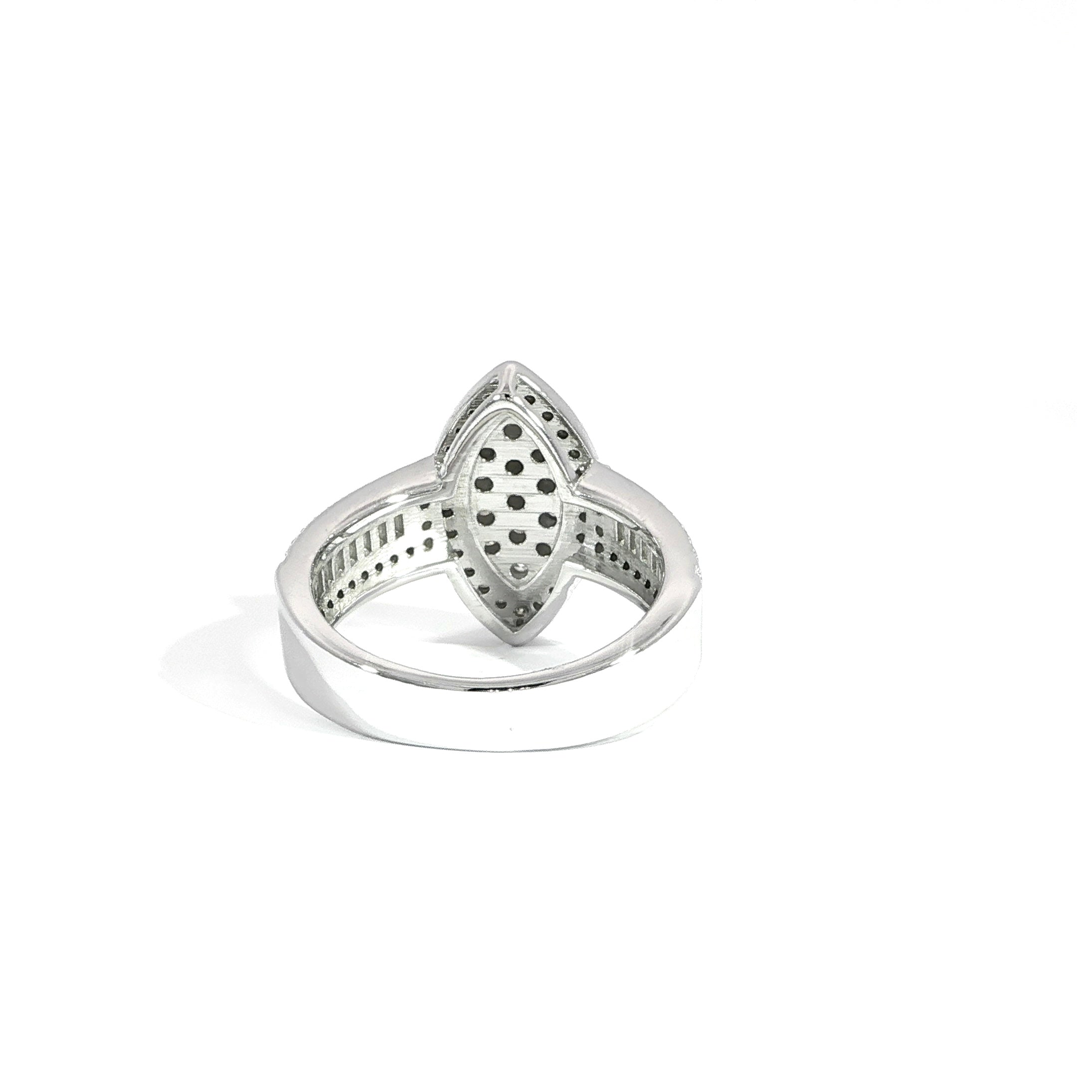 Back of marquise halo ring with baguette accents
