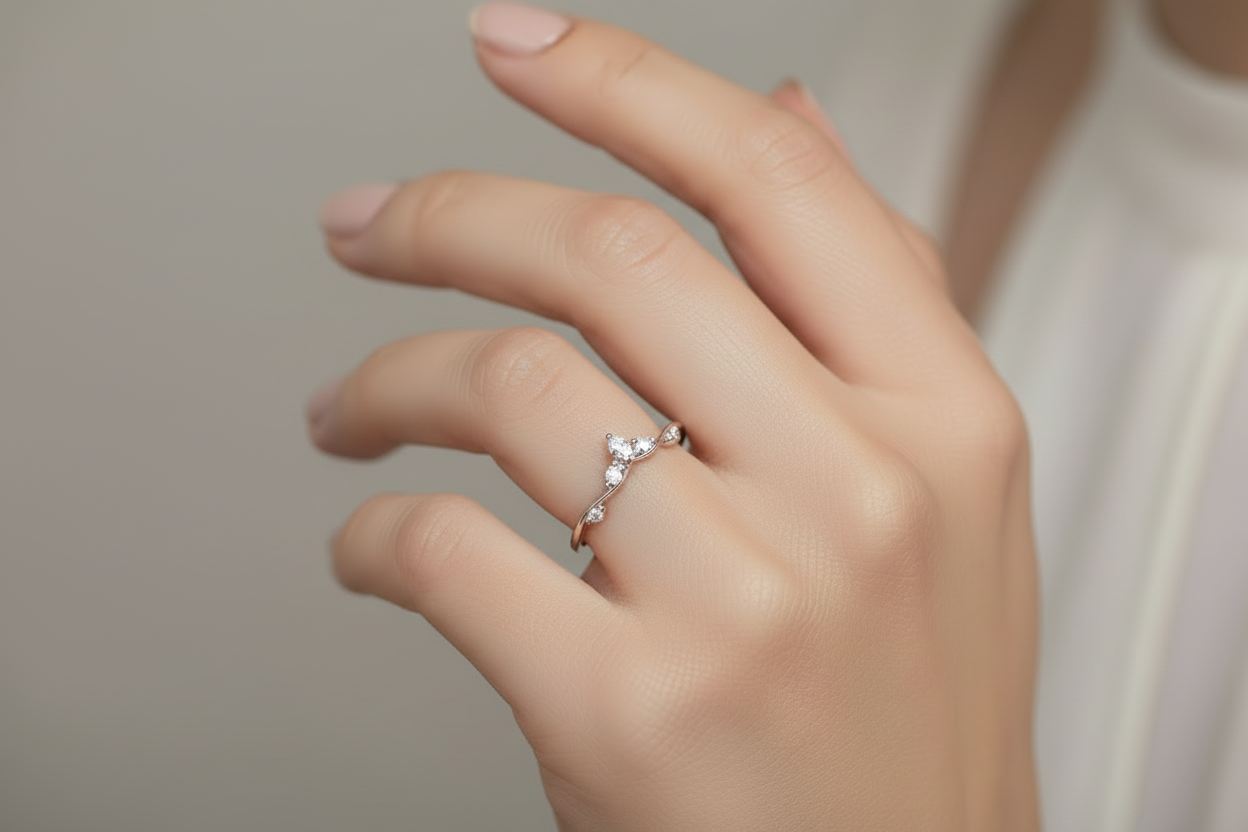 Sterling silver contour band moissanite on model
