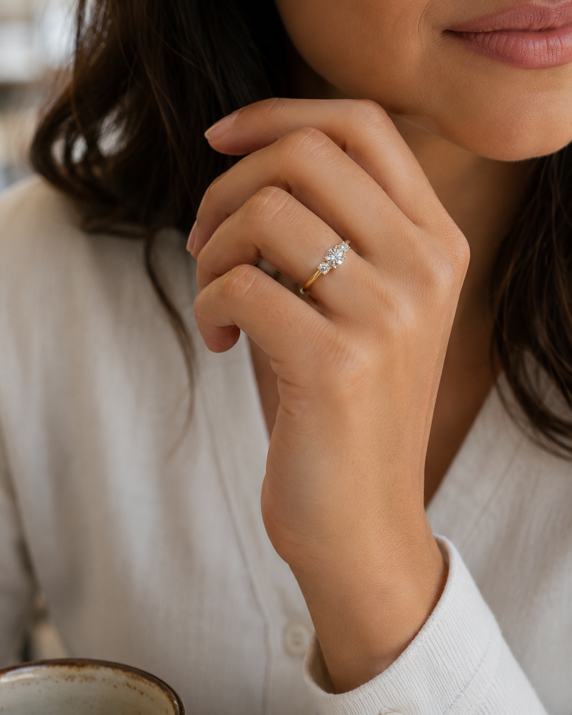 3-stone round diamond ring with polished 14K gold band