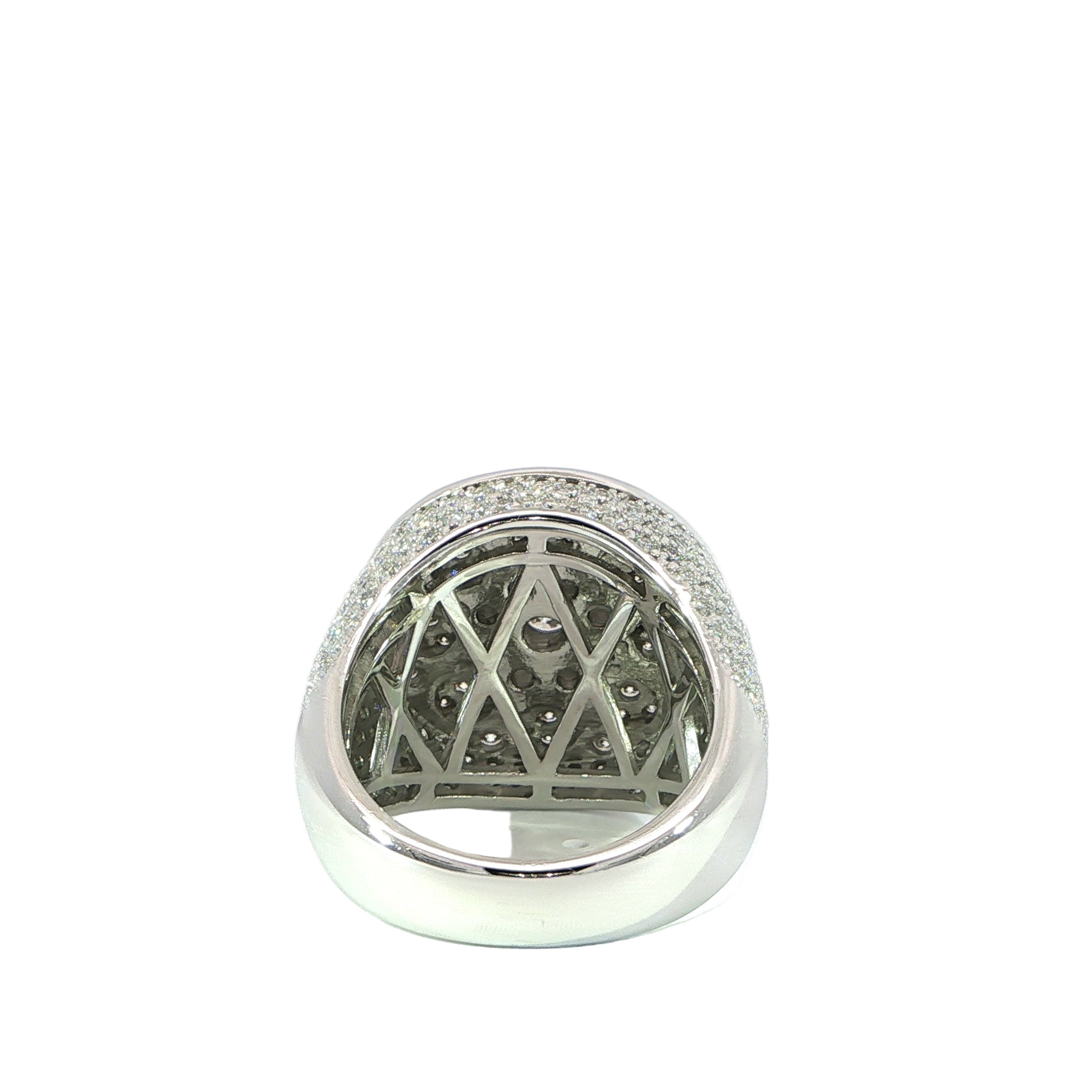 Back of large pavé moissanite statement ring with round face
