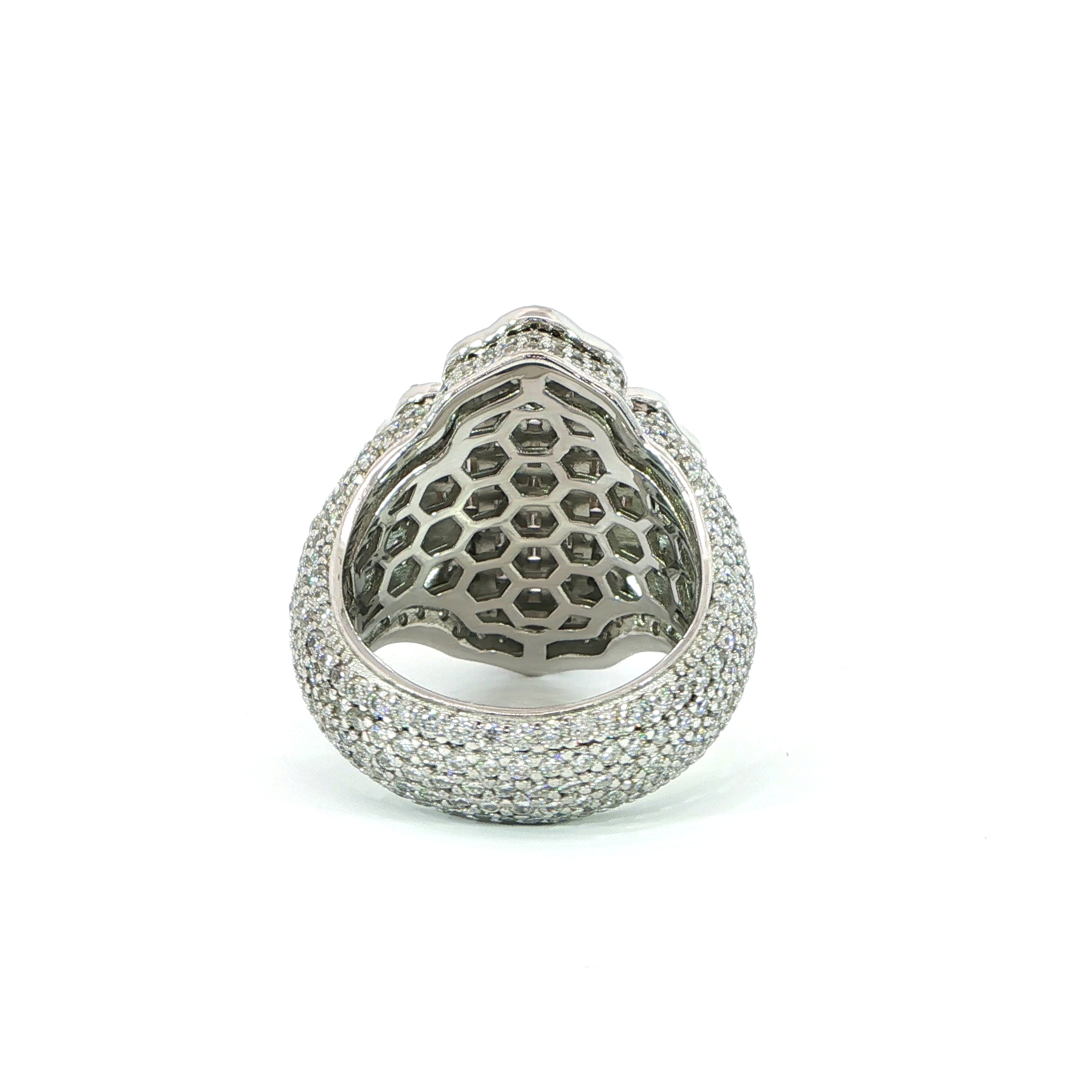 Back of iced-out sterling silver cross ring with detailed pave design