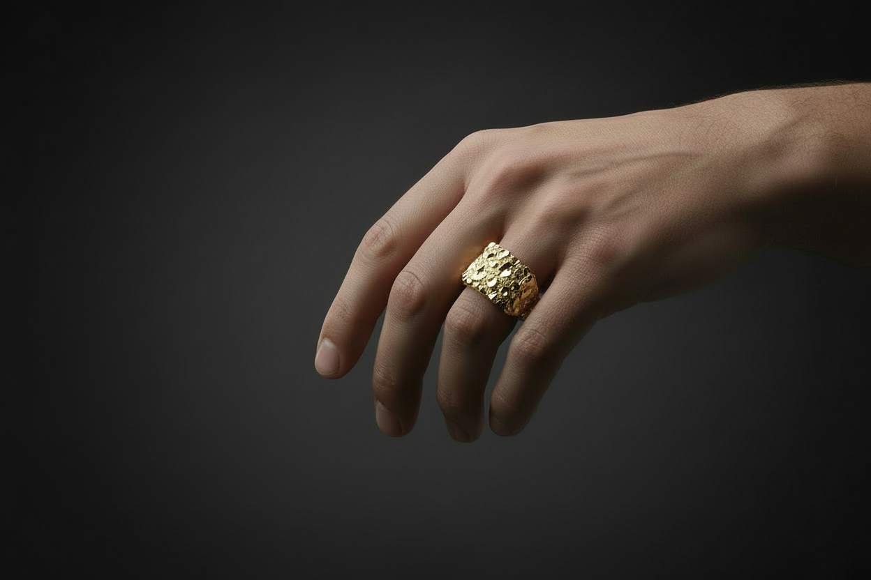 10K yellow gold nugget ring with 14mm wide textured top and polished finish