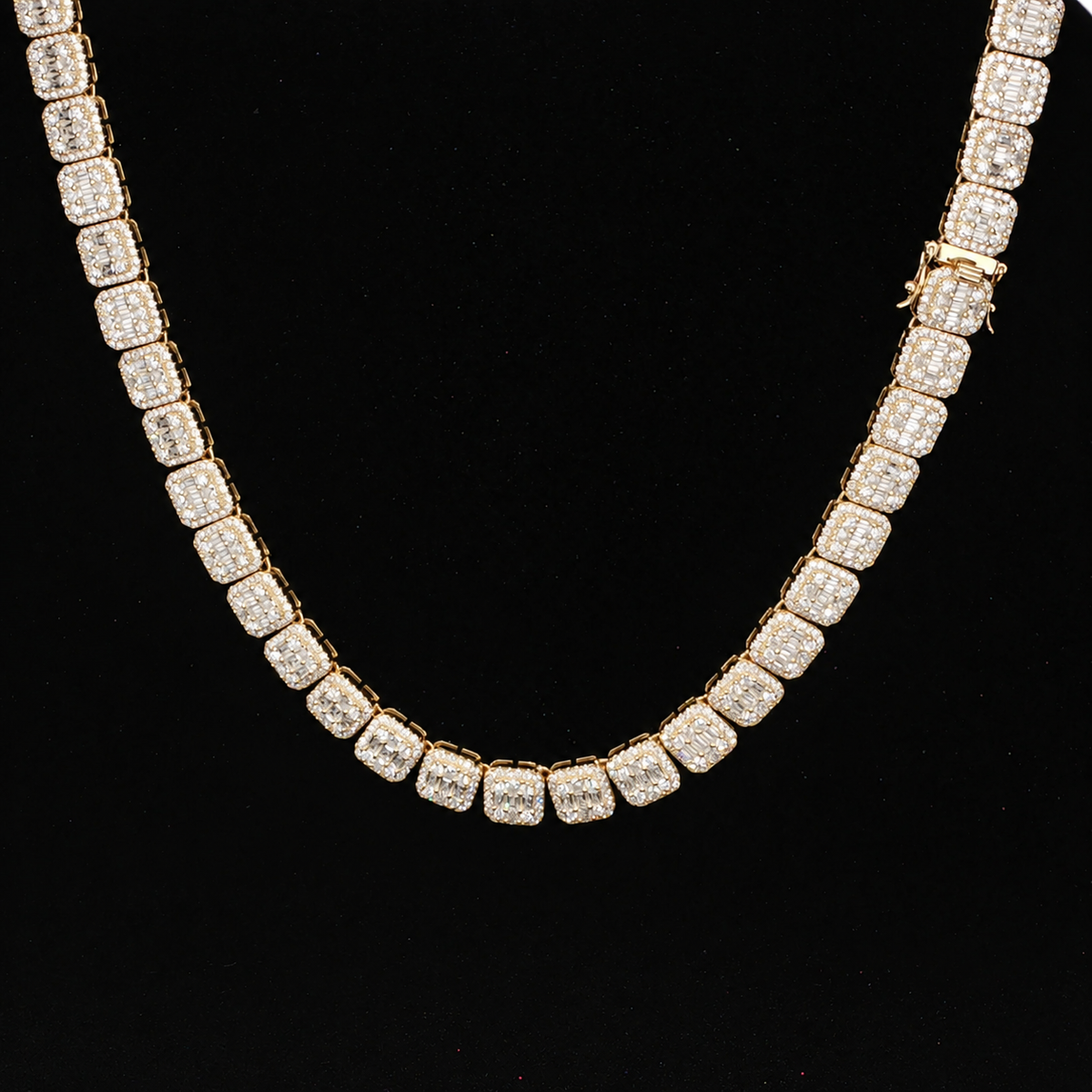 Clasp view of a cushion-shaped baguette cluster tennis chain in gold plated silver