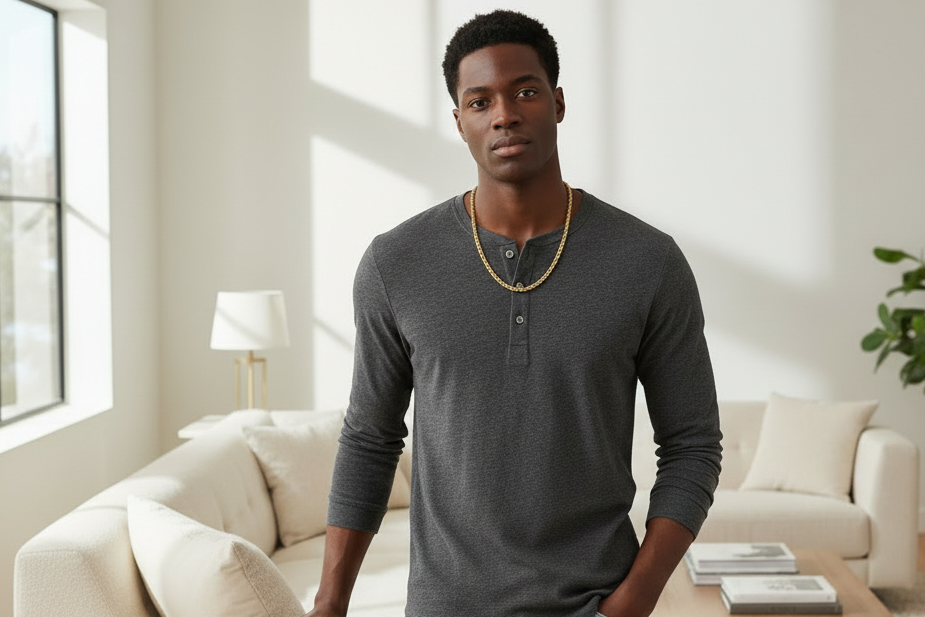 Model Wearing 5MM 14K yellow gold rope chain necklace with polished shine