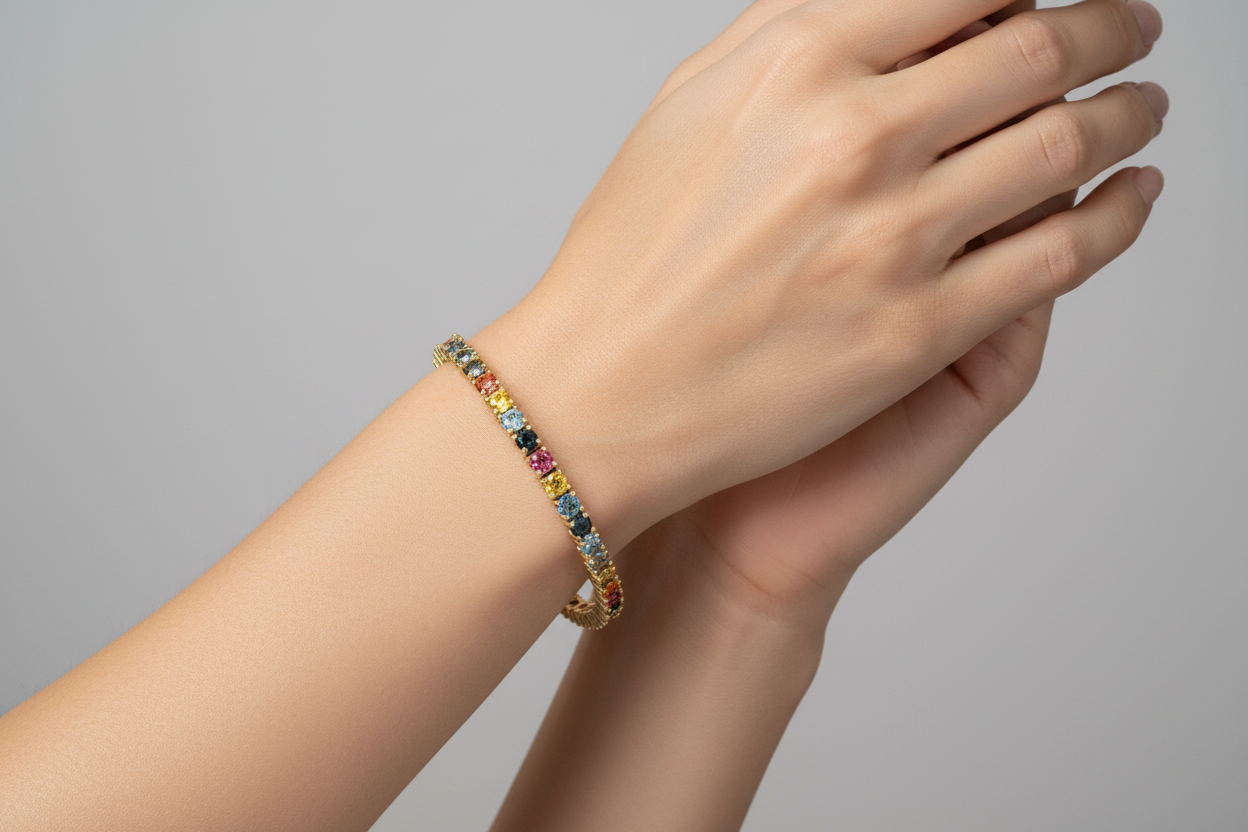 sterling silver bracelet showcasing multi-colored round VVS moissanite.