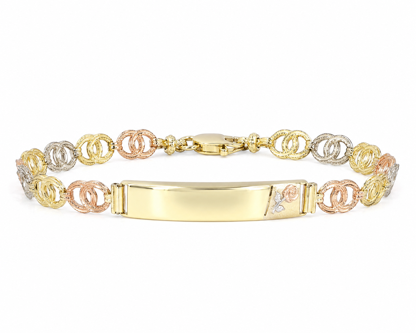 Luxury women's tri-color open link ID bracelet crafted in 14K gold