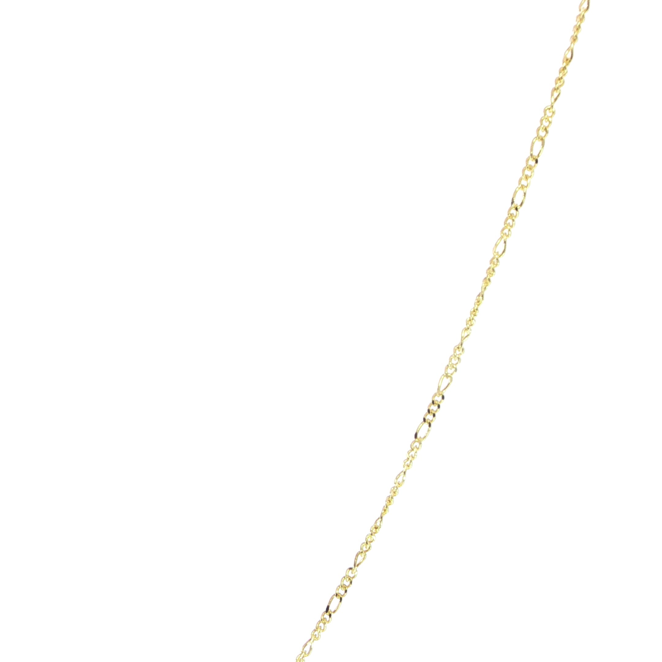 Close-up thin 14K yellow gold Figaro chain necklace