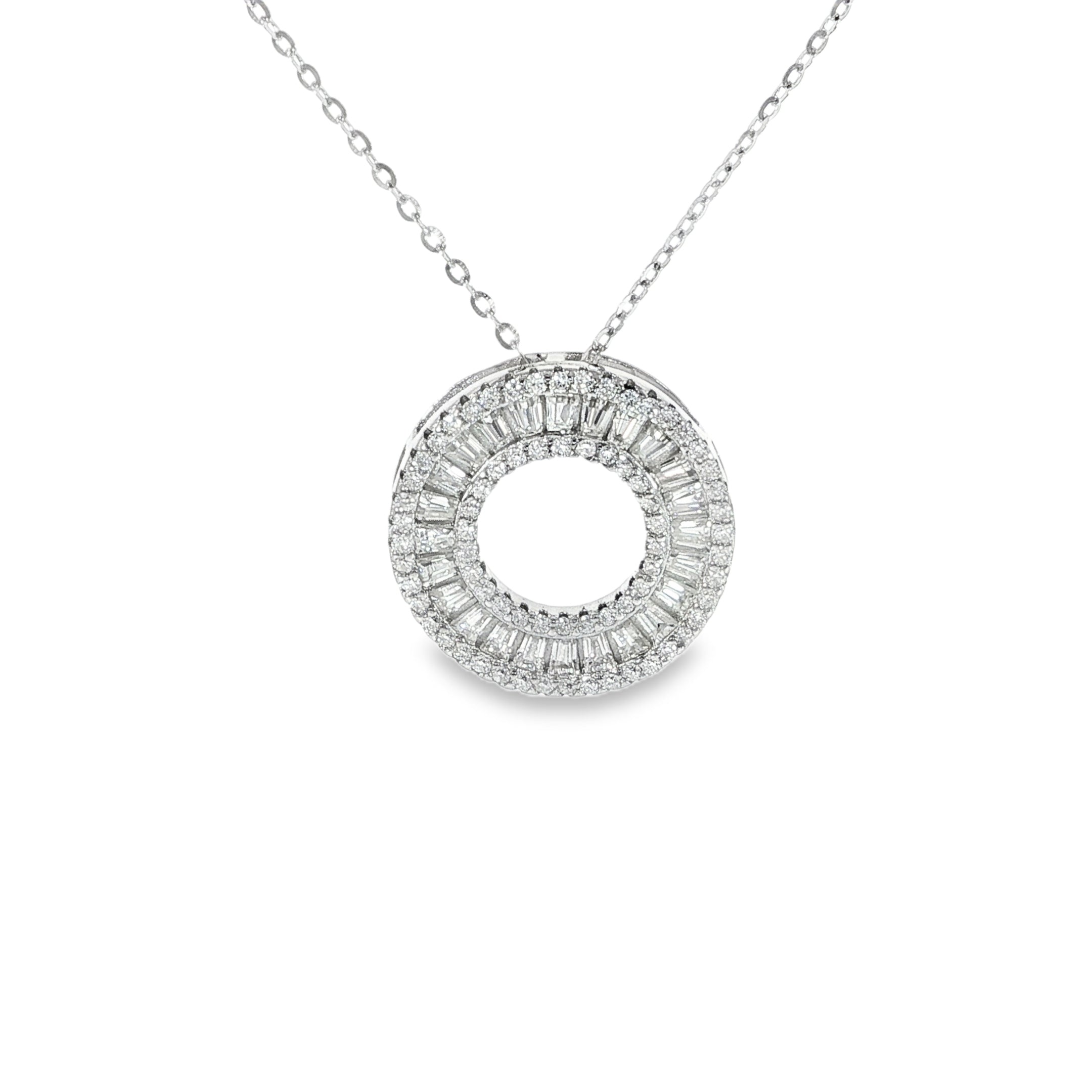 Open circle moissanite pendant with baguette halo and cable chain in sterling silver.