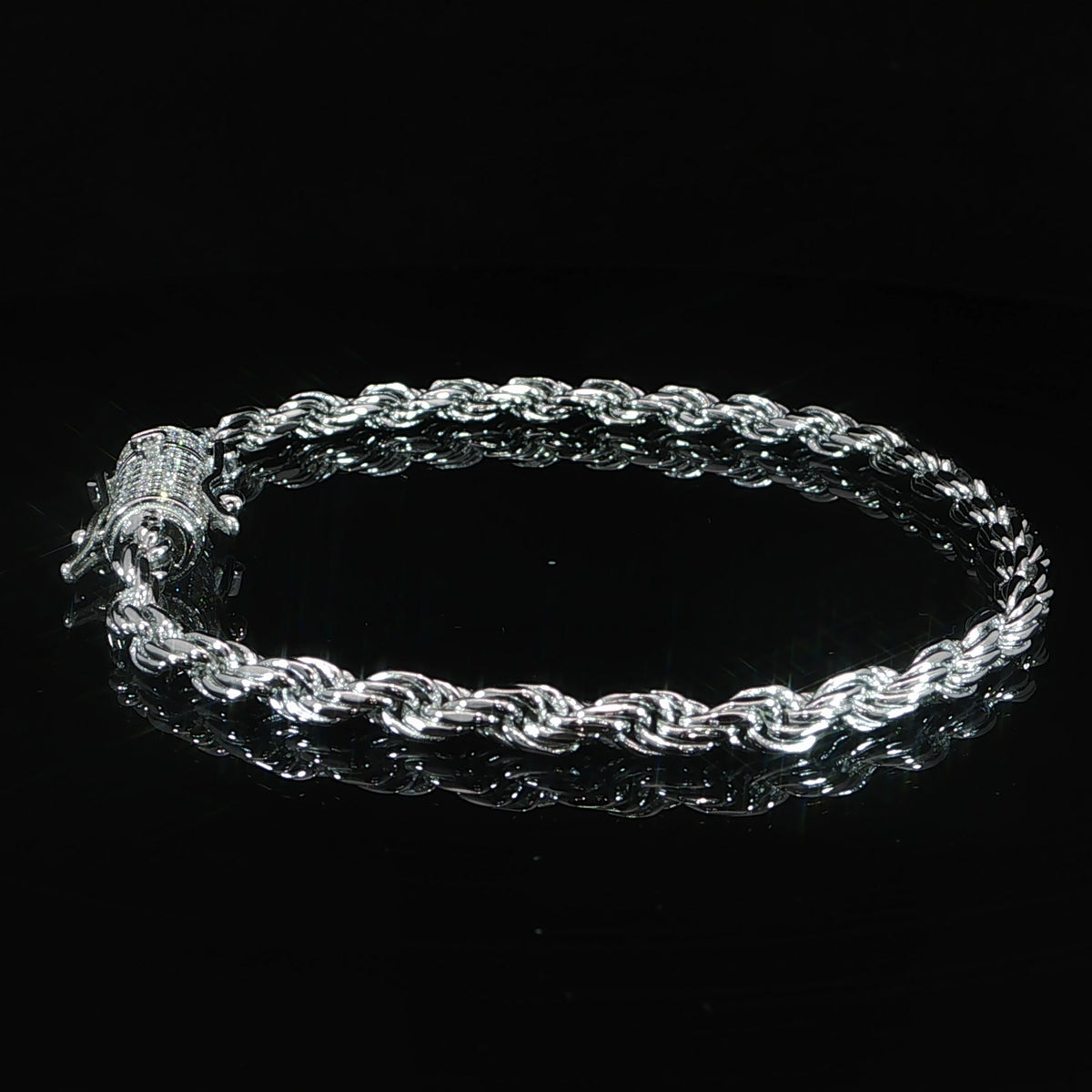 4 mm solid sterling silver rope bracelet featuring a 1.09 CTW moissanite clasp