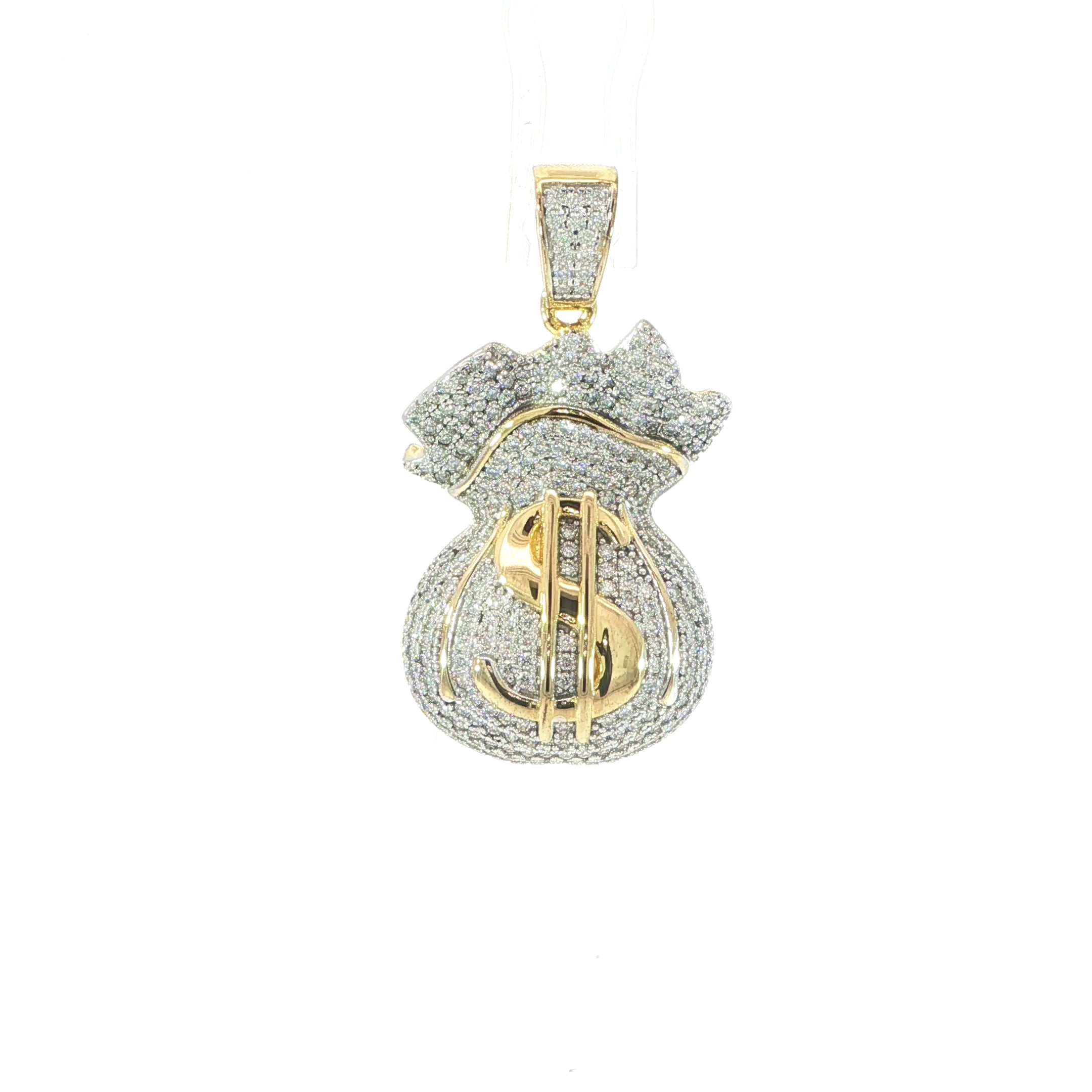 925 Sterling Silver VVS Moissanite Iced Money Bag Pendant 1.77 CTW