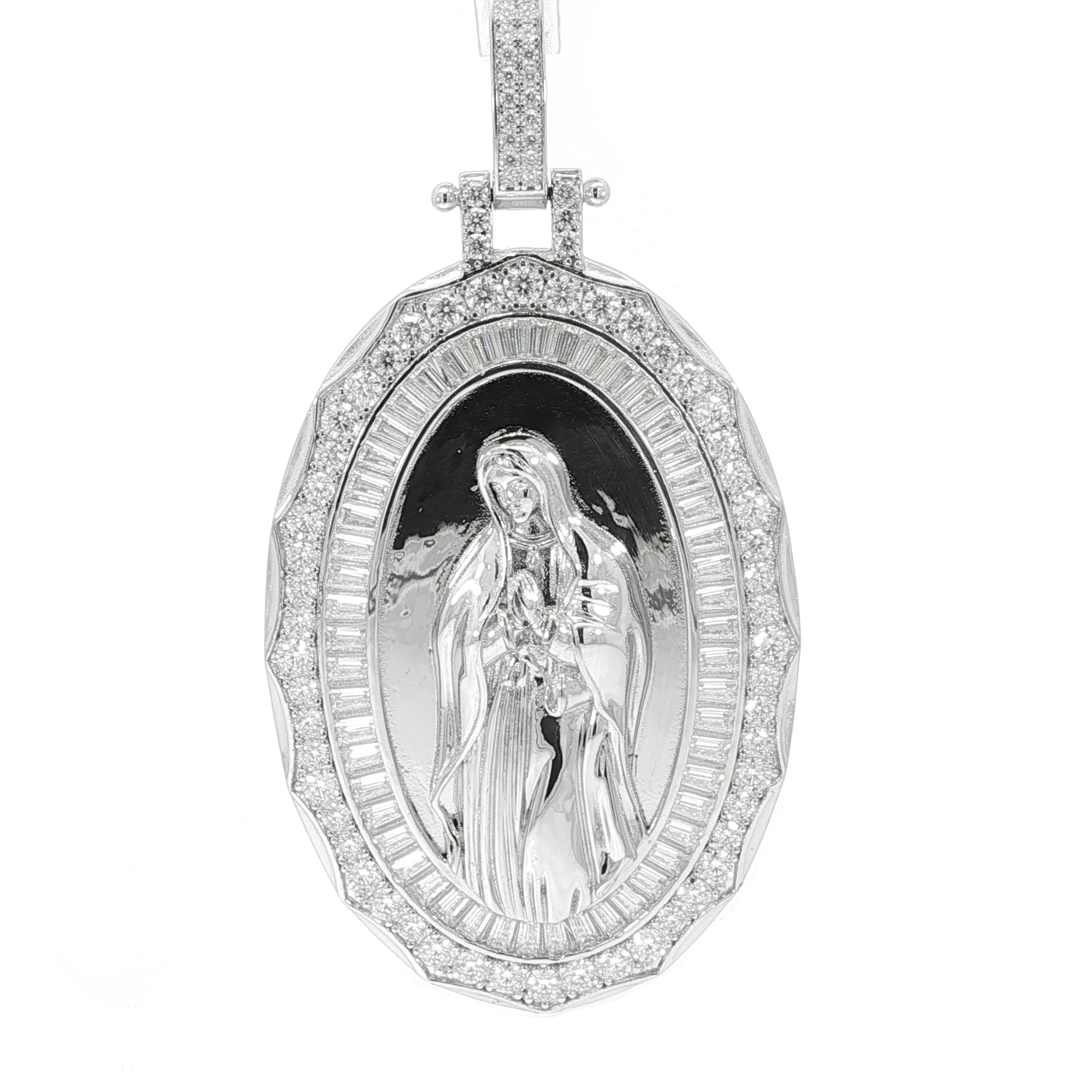 Close-up of Virgin Mary centerpiece surrounded by moissanite stones