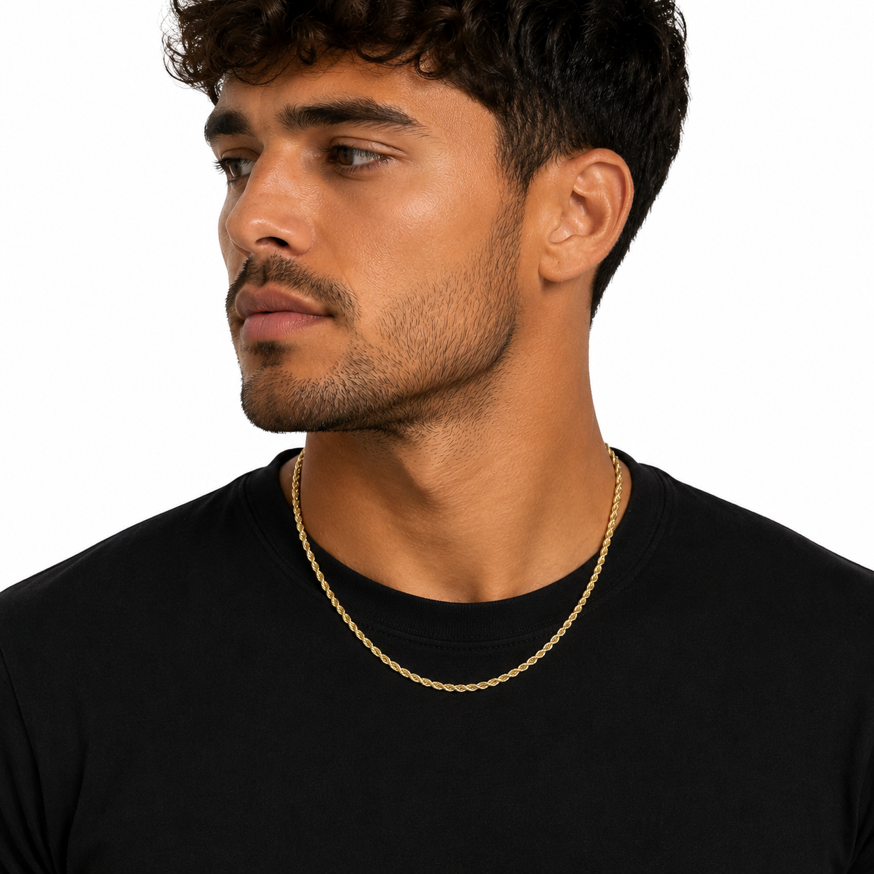 Model wearing solid 10K yellow gold rope chain with diamond-cut finish.