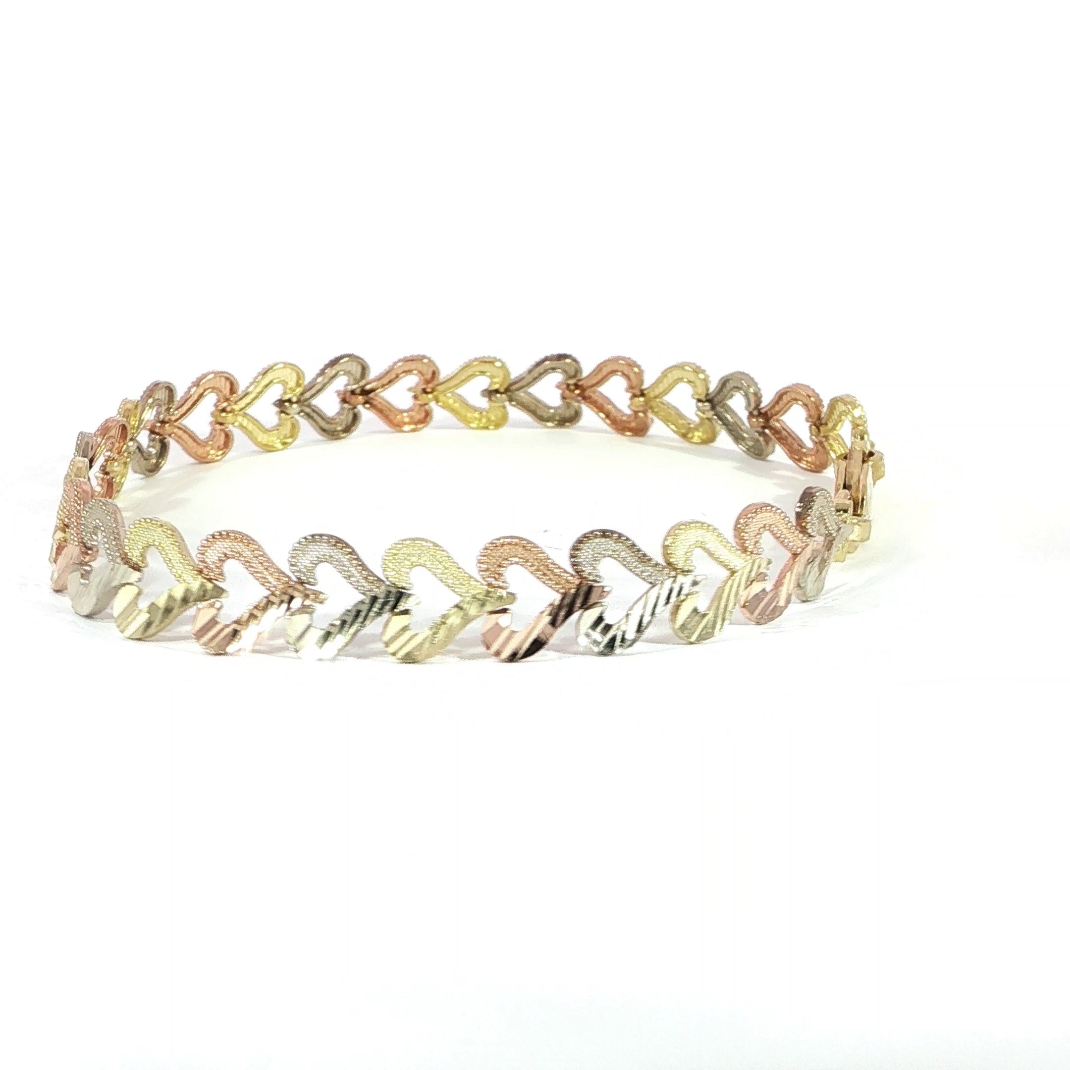 10K yellow white and rose gold heart link bracelet