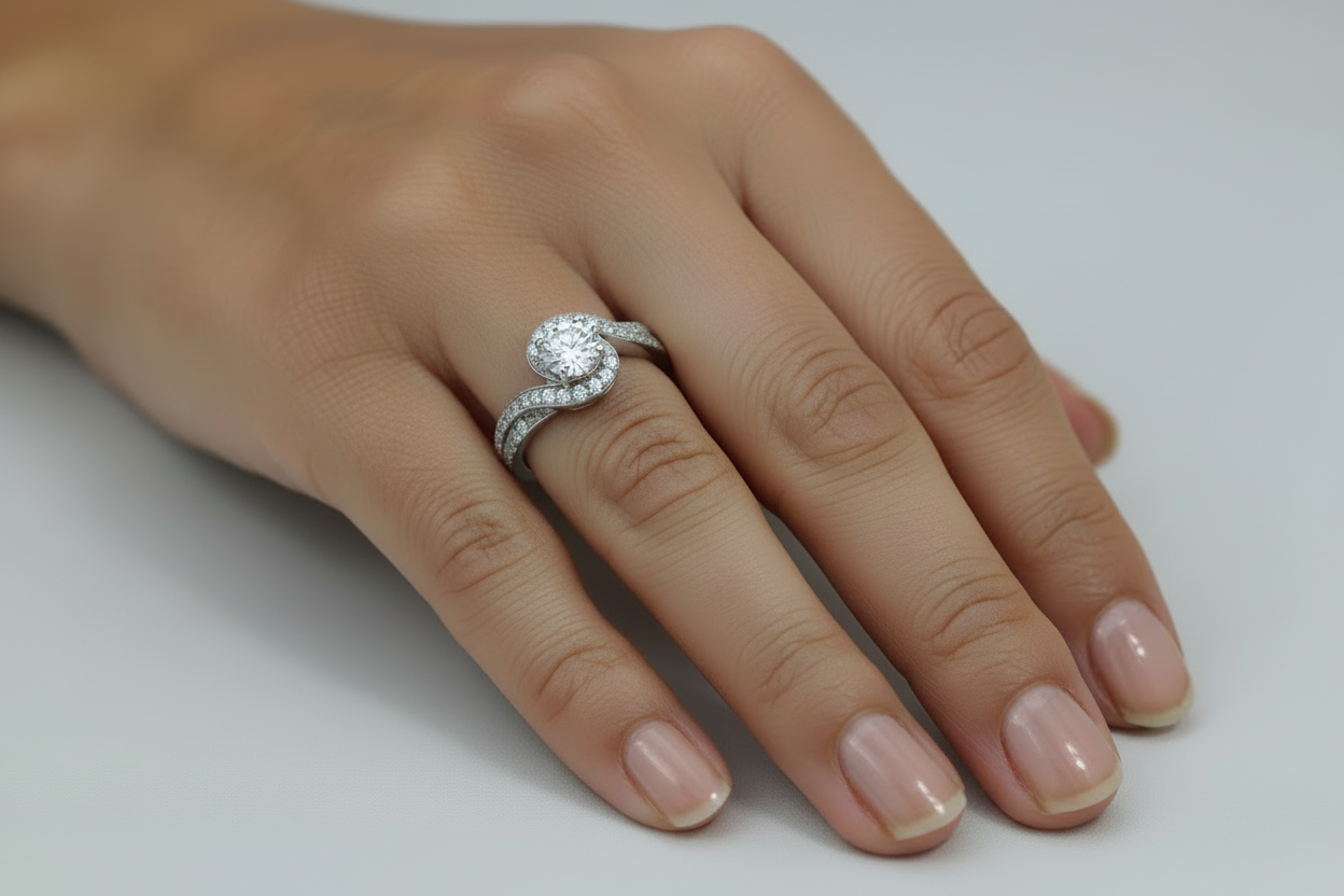 Model wearing 14K gold engagement ring with 0.50 CT round diamond