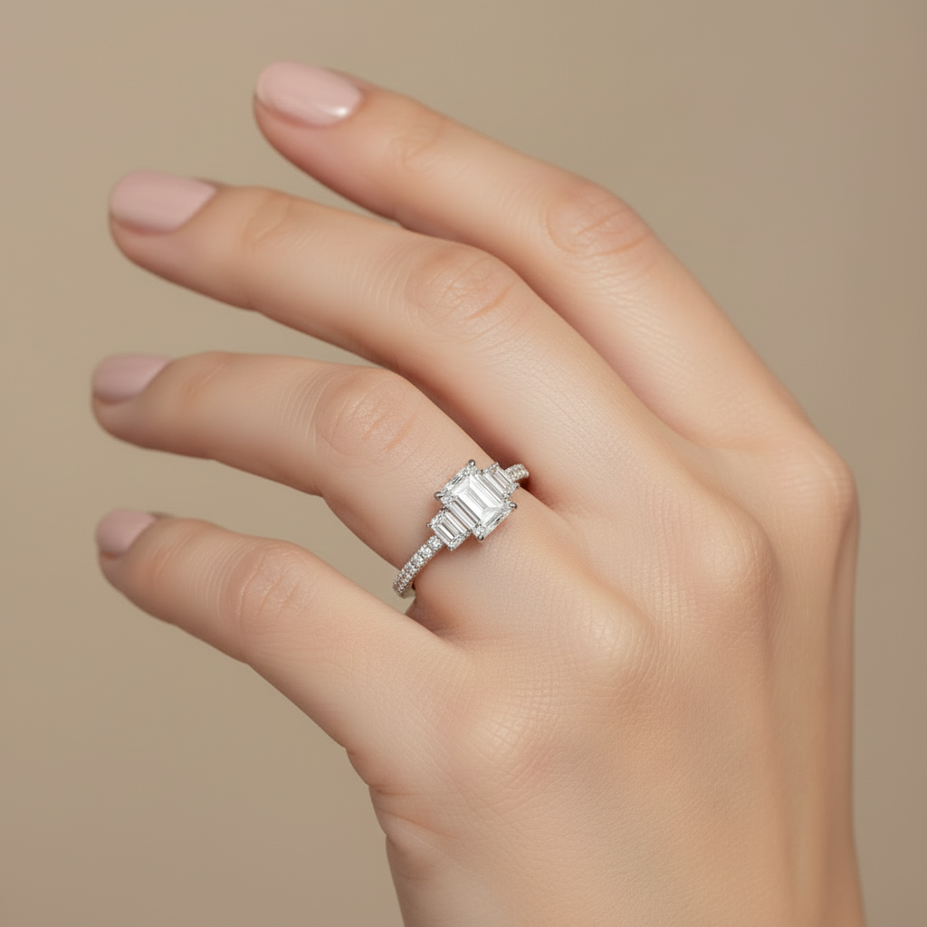 Emerald cut diamond ring crafted in 14K white gold on model