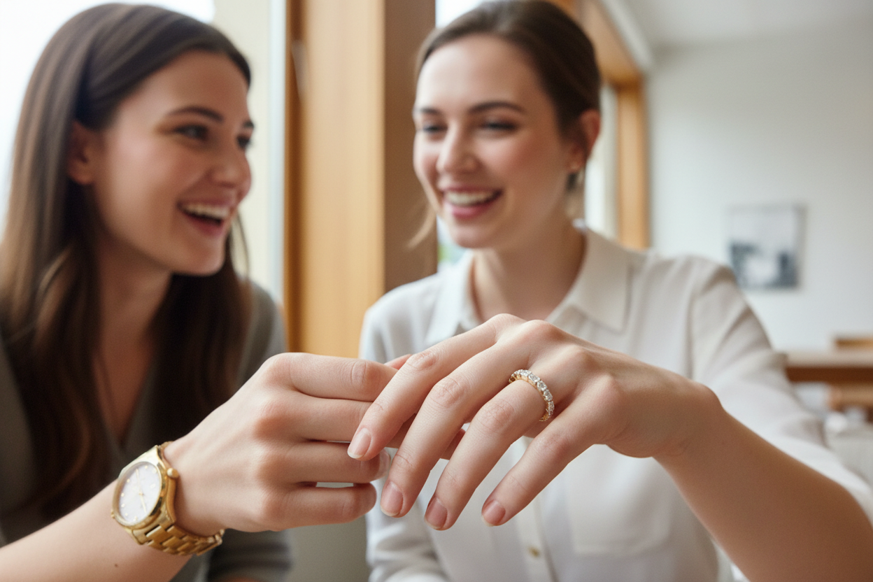 Model showing off emerald and oval diamond wedding band