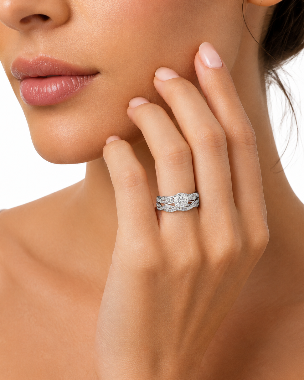 Sterling silver round moissanite bridal set with intertwined band design