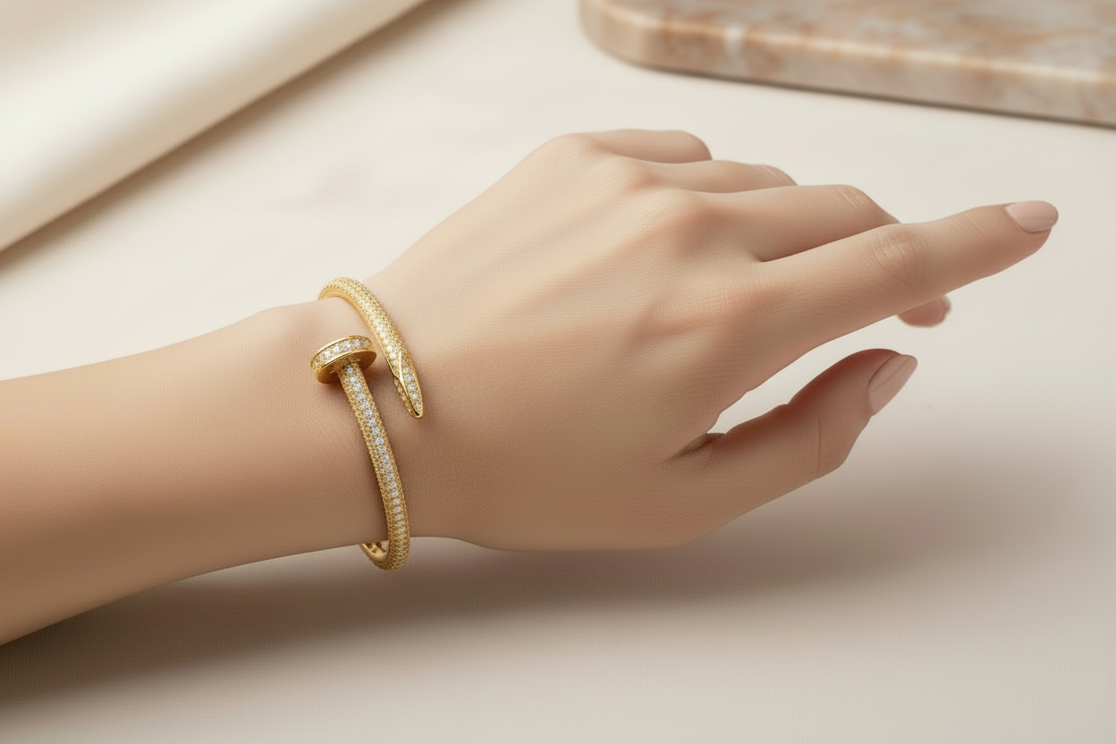 Modern sterling silver nail bangle with sparkling stones