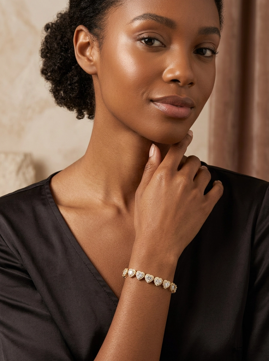 Female model wearing a 925 sterling silver heart halo moissanite tennis bracelet
