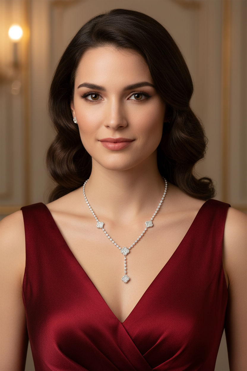 Female model wearing a sterling silver moissanite clover lariat necklace