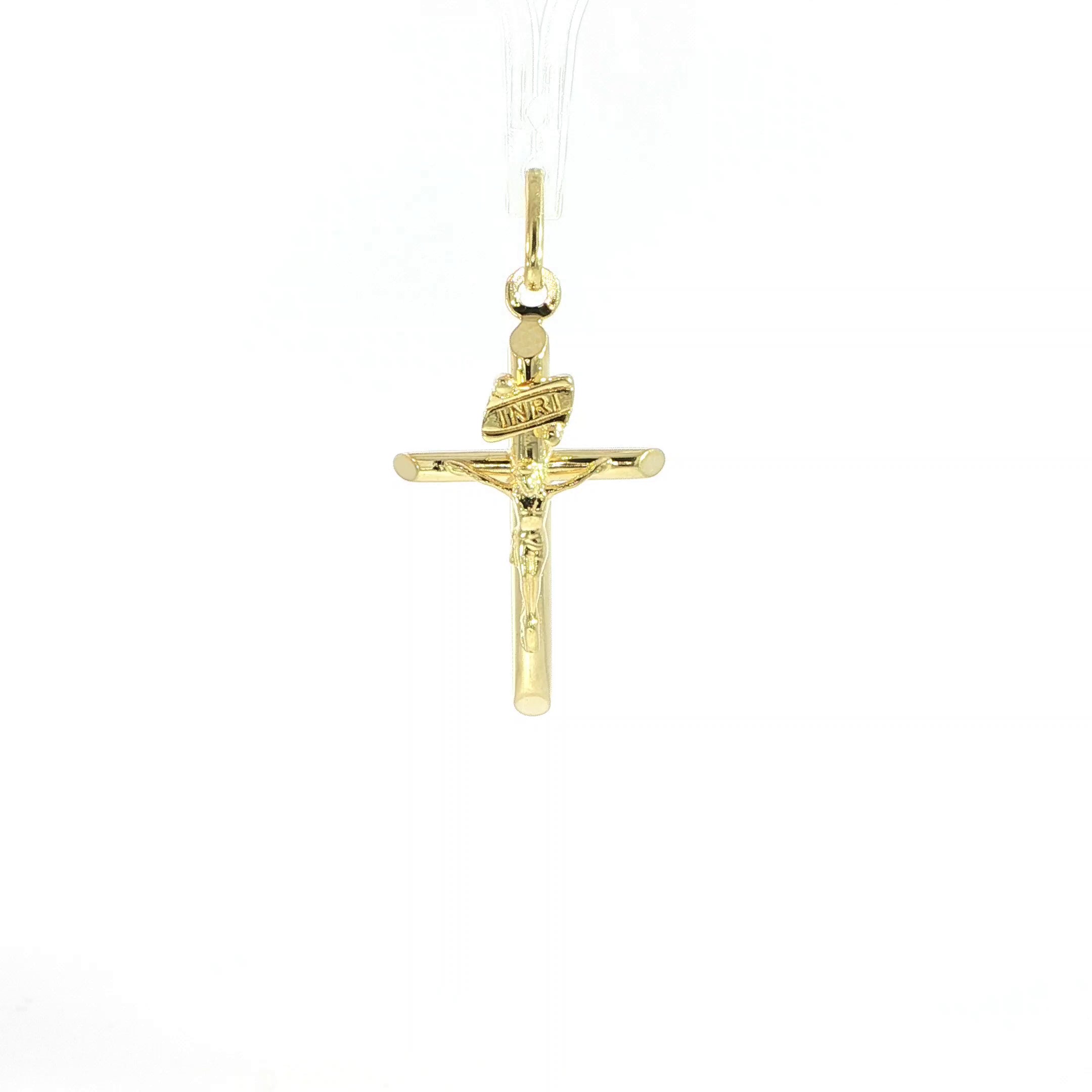 10K yellow gold crucifix pendant featuring Jesus Christ and INRI plaque.