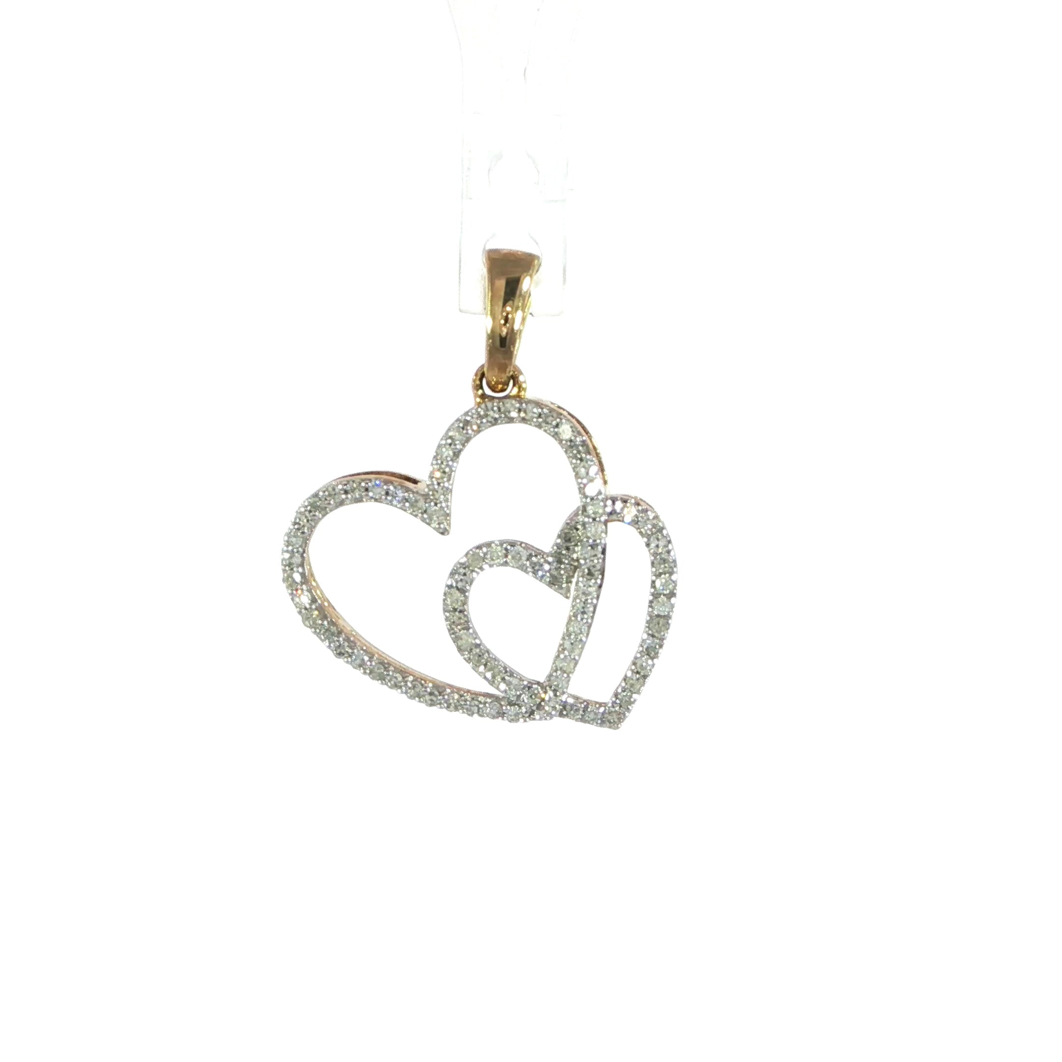 10K yellow gold double heart pendant with natural SI diamonds.