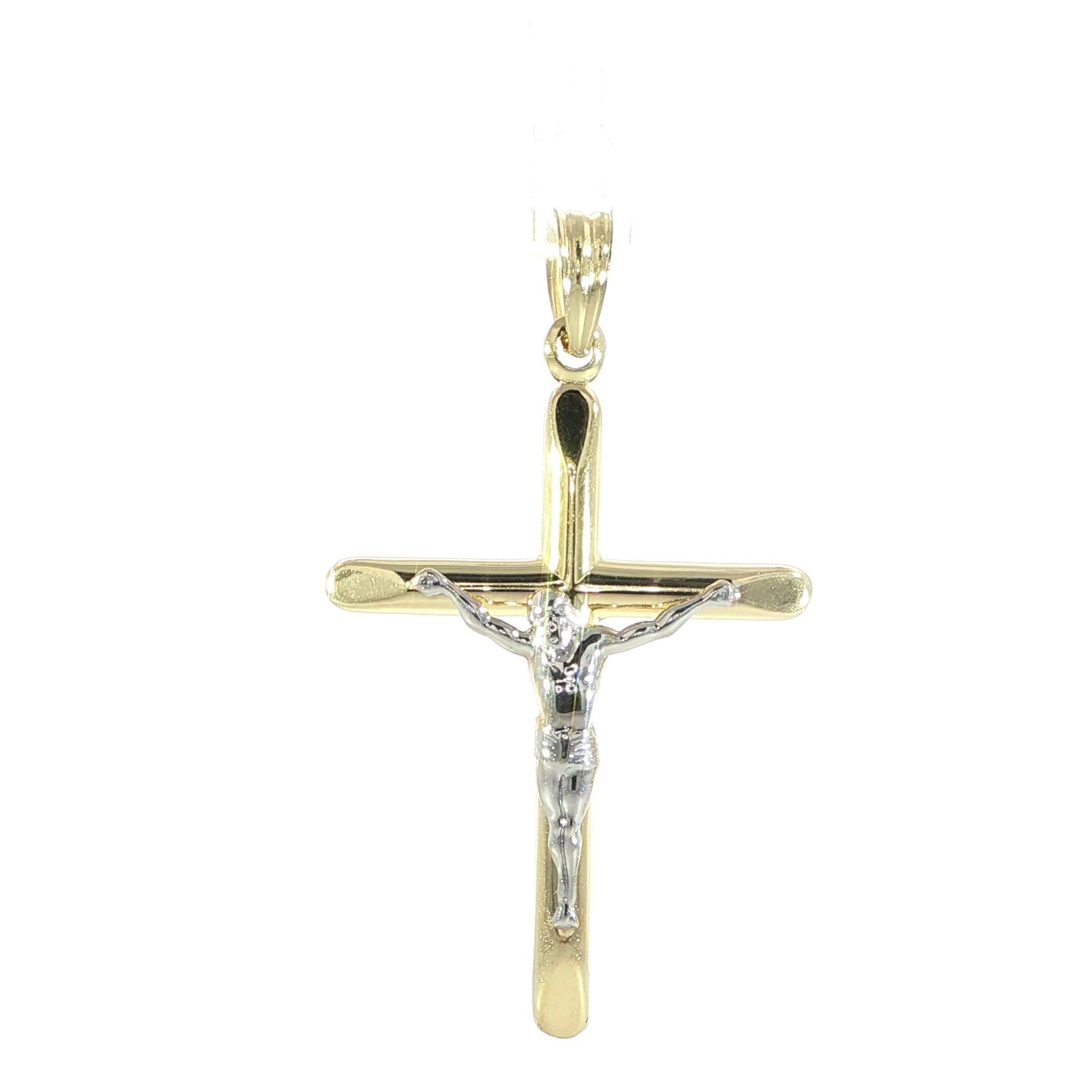 14K gold two-tone crucifix cross pendant in yellow and white gold