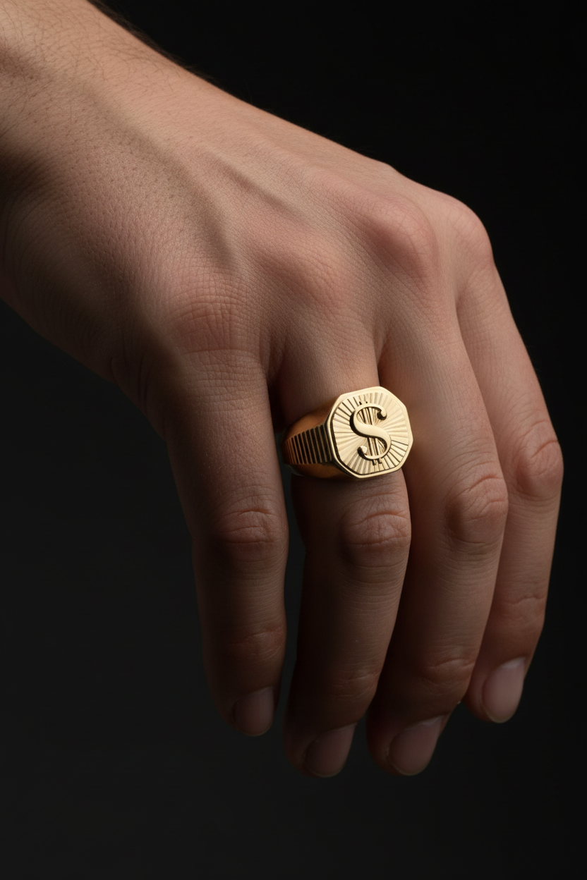 14K yellow gold octagon signet ring with raised dollar sign and sunburst detailing