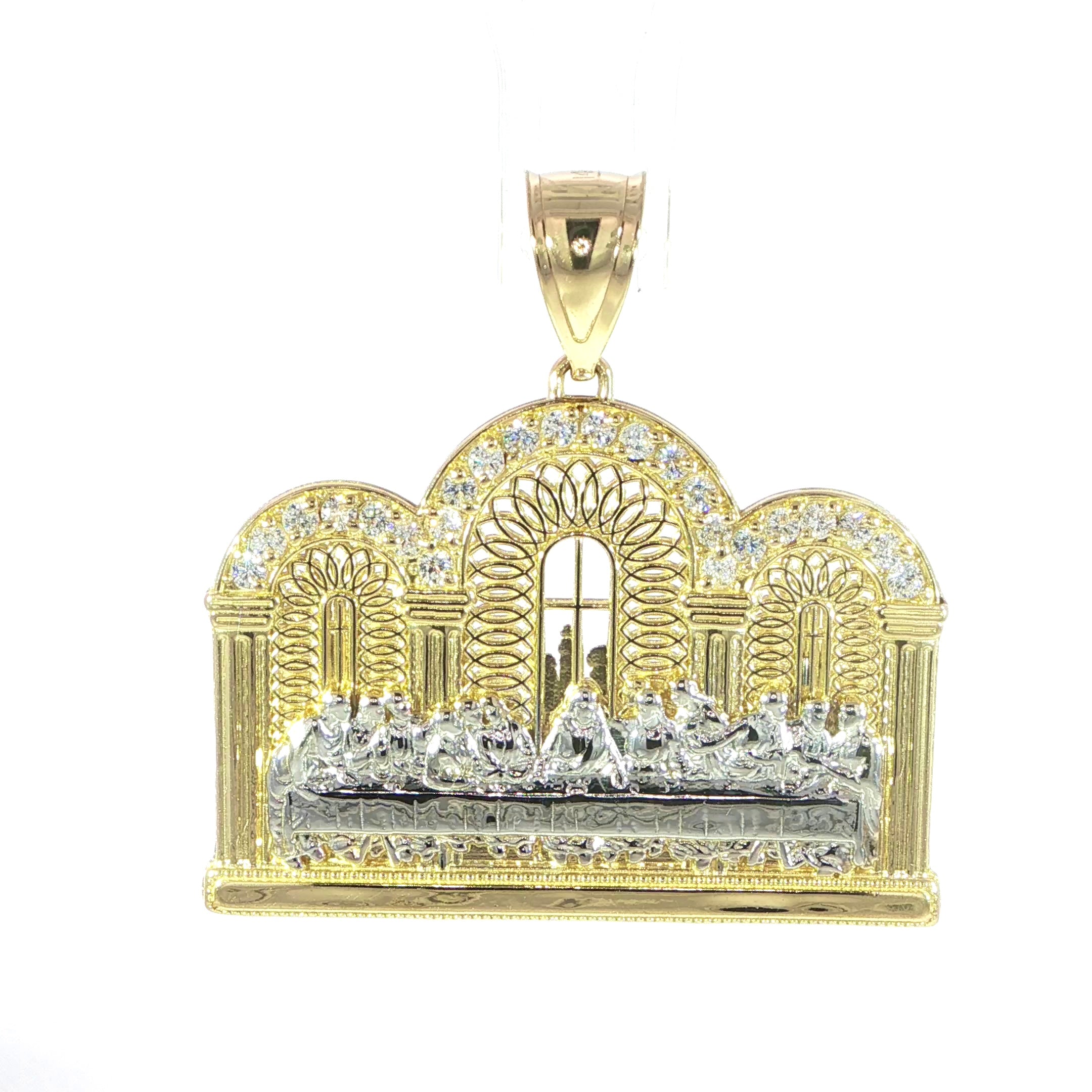 14K two-tone gold Last Supper pendant with cubic zirconia accents
