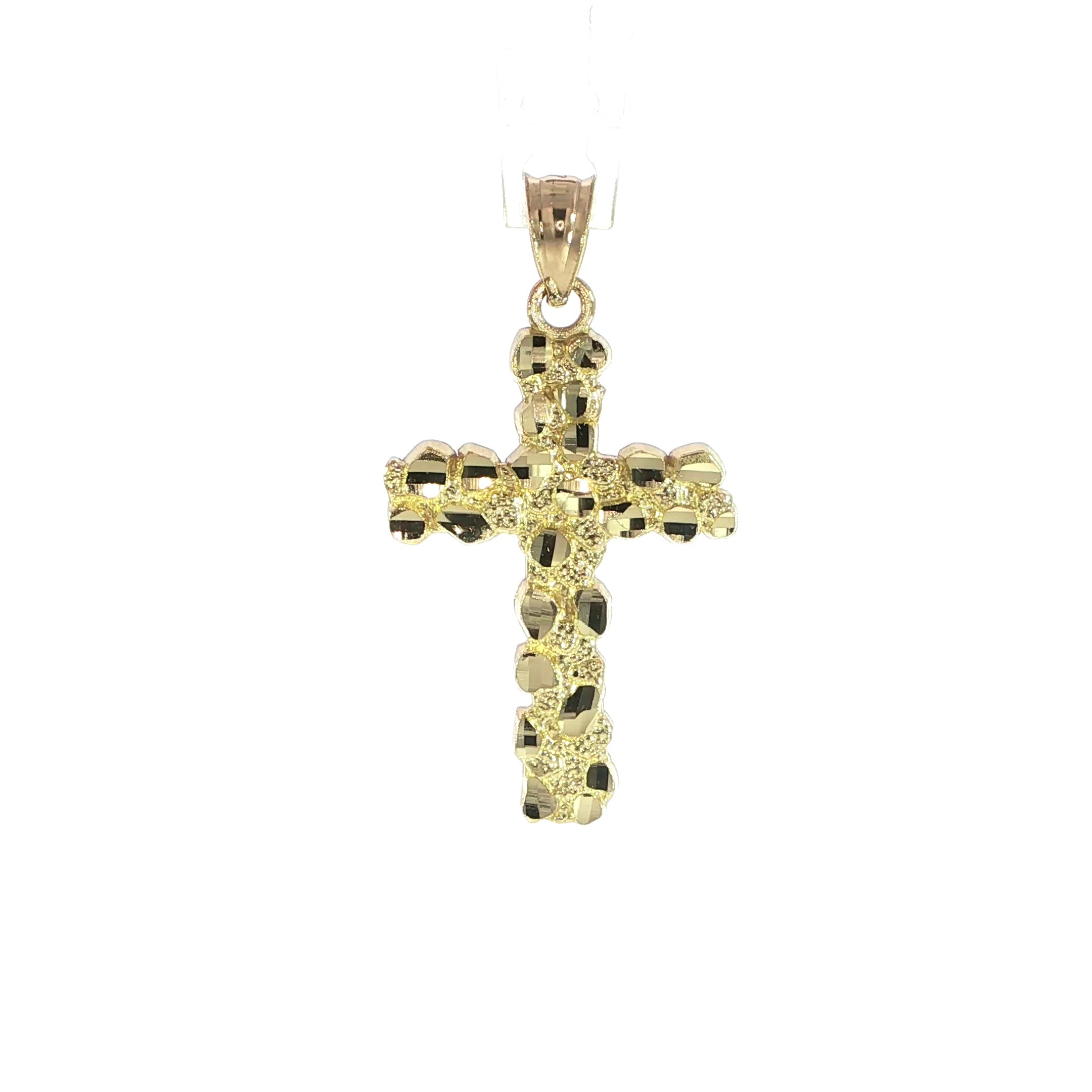 14K Yellow Gold Nugget Textured Cross Pendant with diamond-cut finish